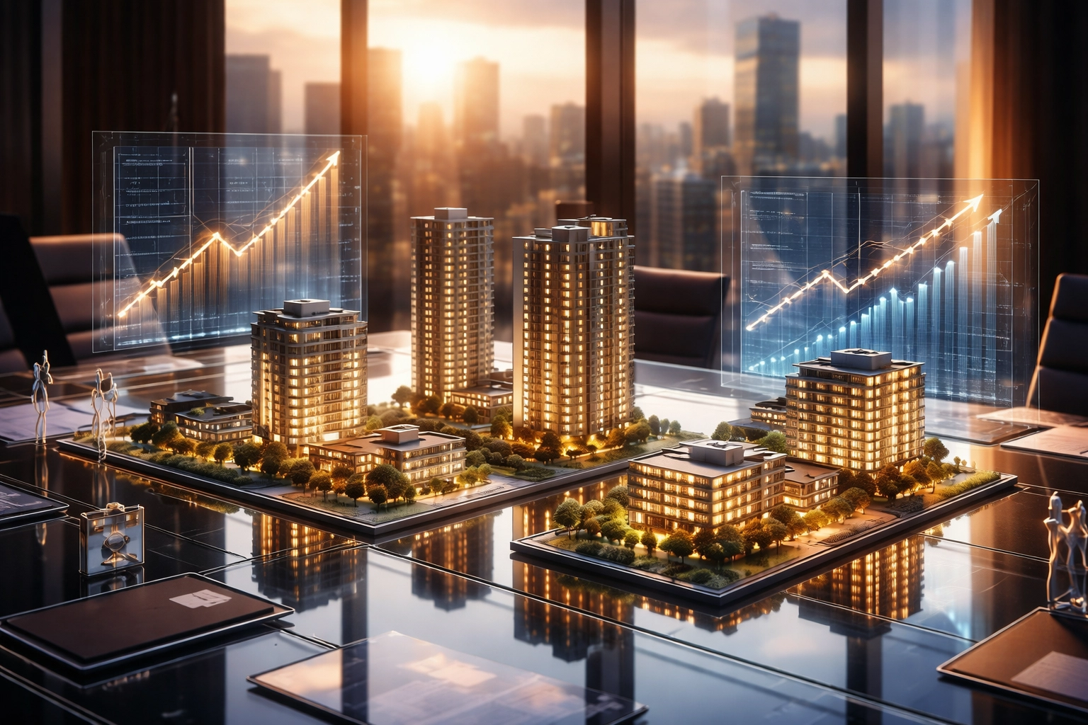 Glass conference table with luxury real estate models and financial growth charts, symbolizing private equity syndication.