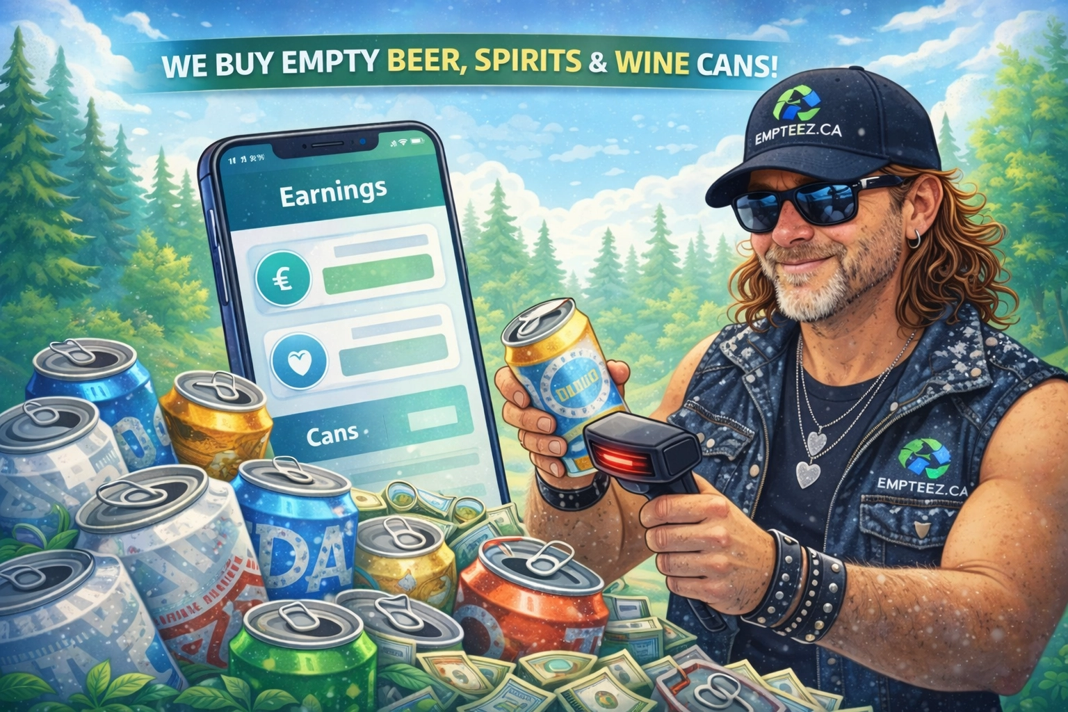 Promotional graphic showing cash for cans