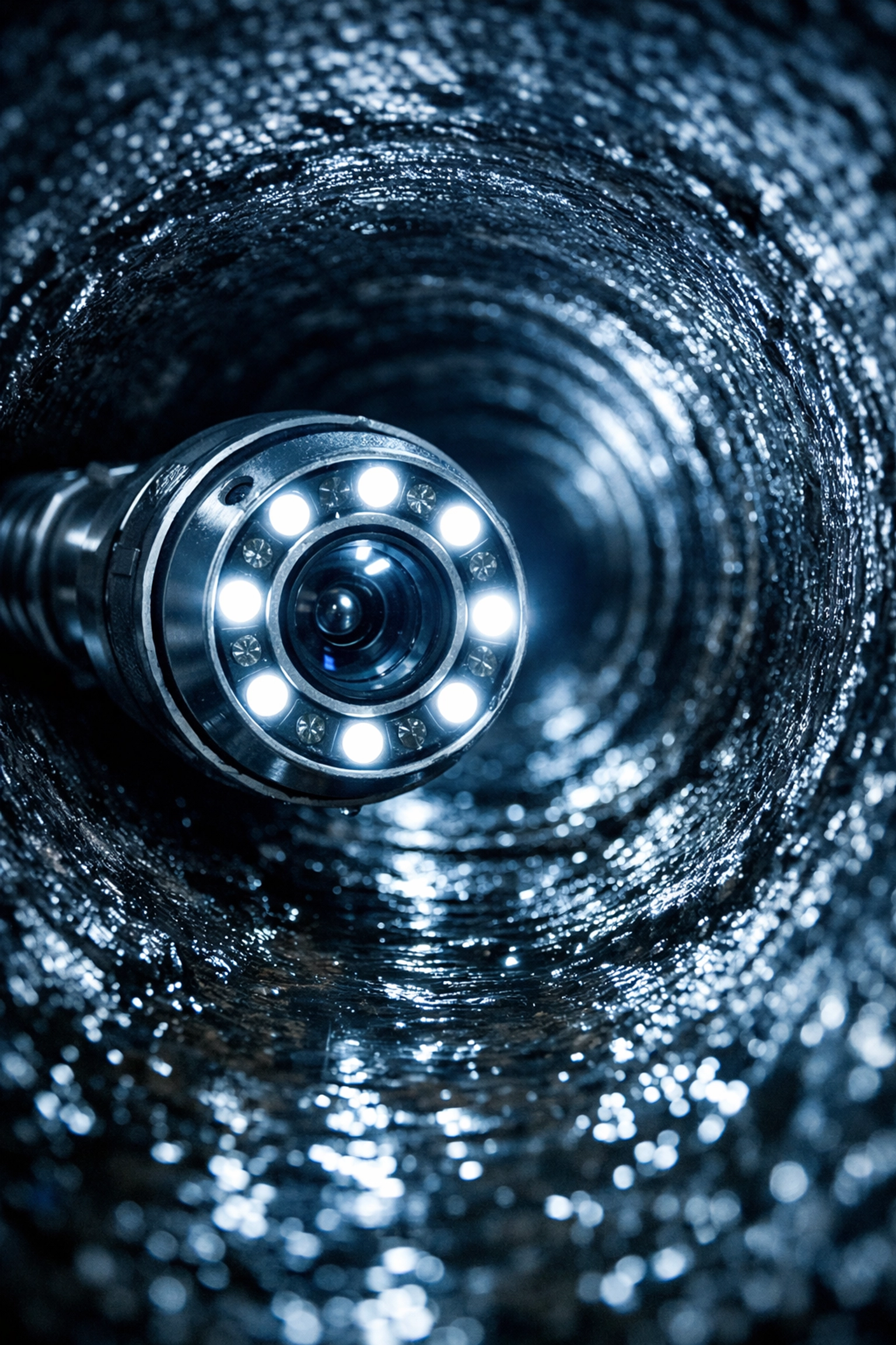 HD sewer inspection camera head with LED lights illuminating the interior of a plumbing pipe.