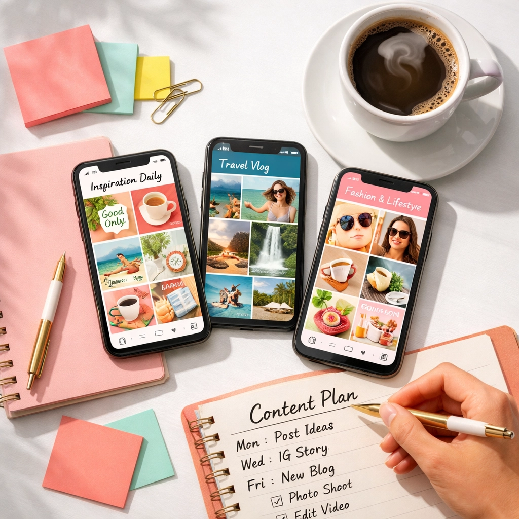 Social media content planning workspace with phones, notebook, and strategy materials