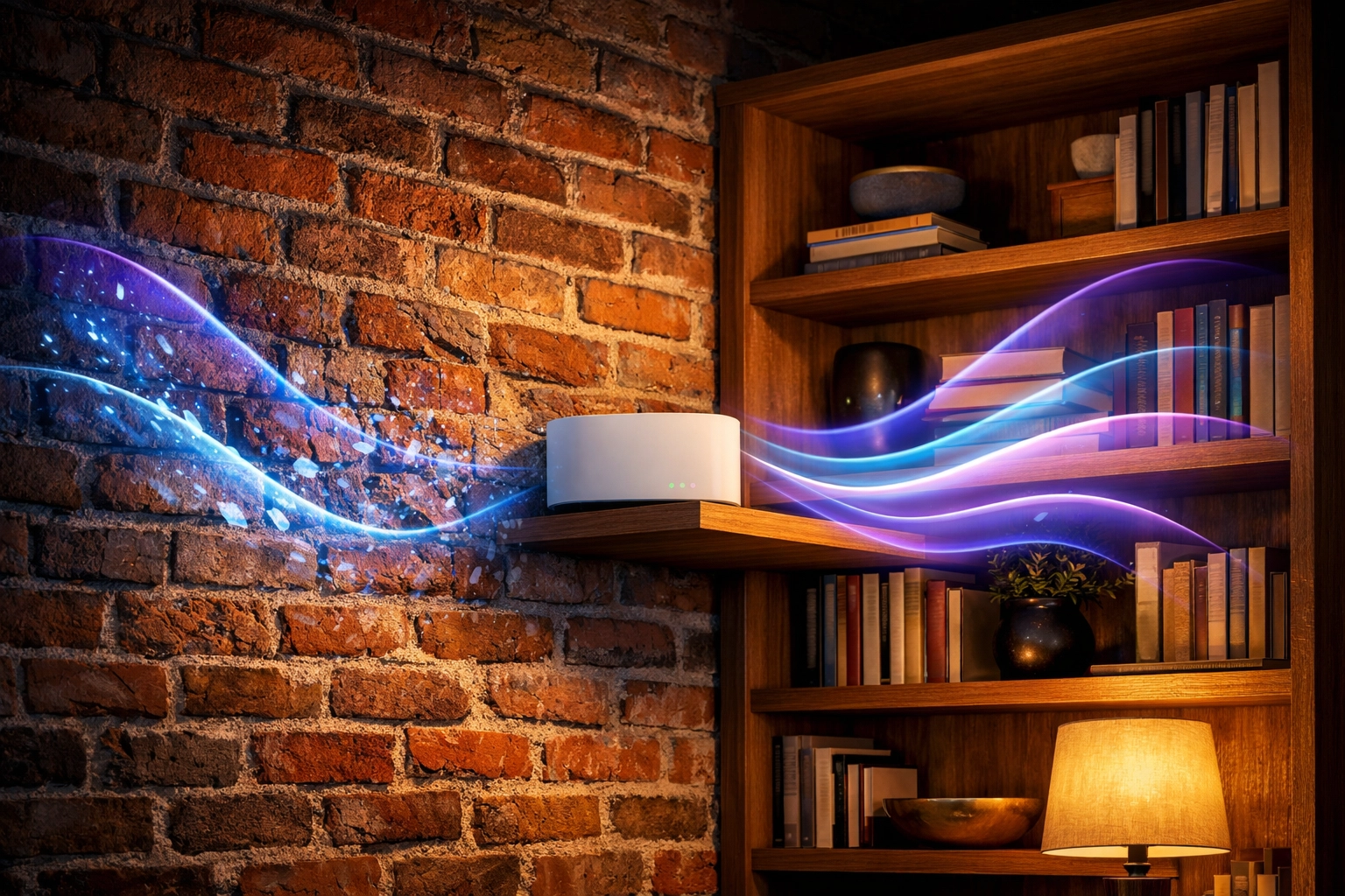 Wi-Fi router on a high bookshelf in a Denver home showing signal waves interacting with brick walls.
