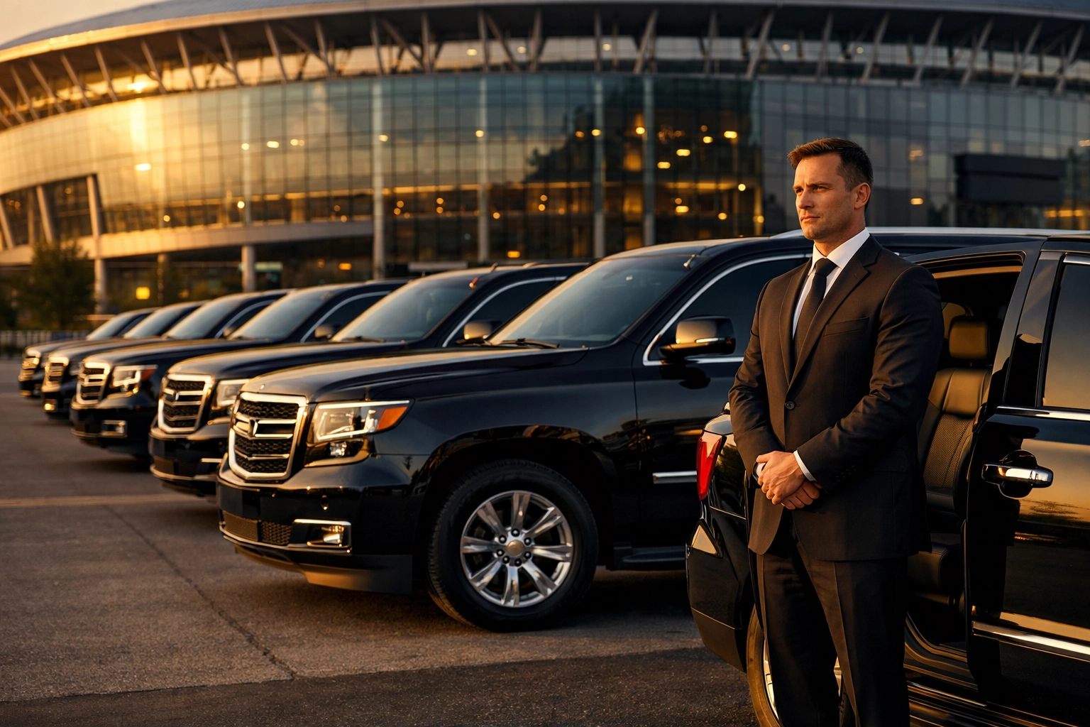 Fleet of luxury black SUVs with professional chauffeurs for elite Super Bowl executive transportation and security.
