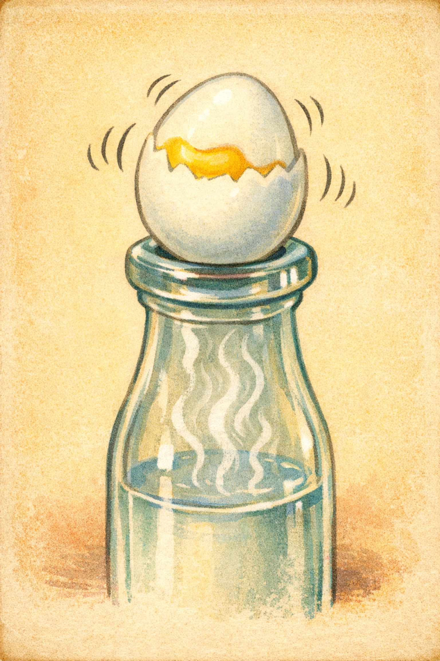 Egg wiggling on bottle opening as air pressure pushes it inside during science experiment