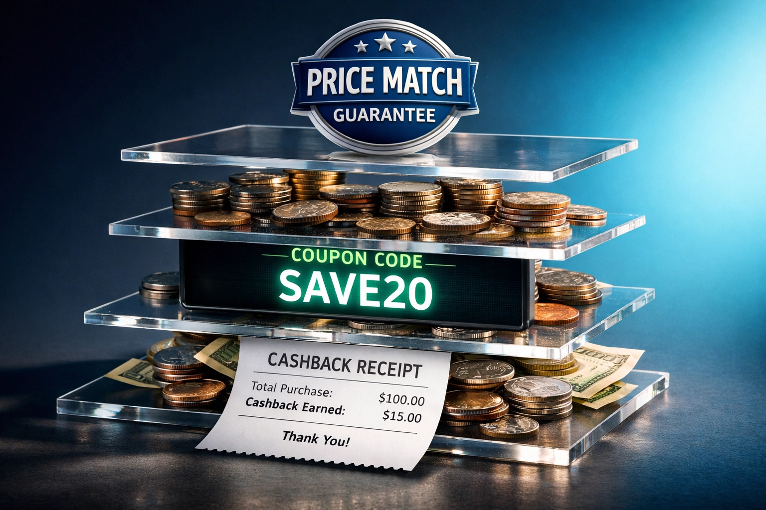 Stacking savings layers showing cashback, coupon codes, and price matching strategies