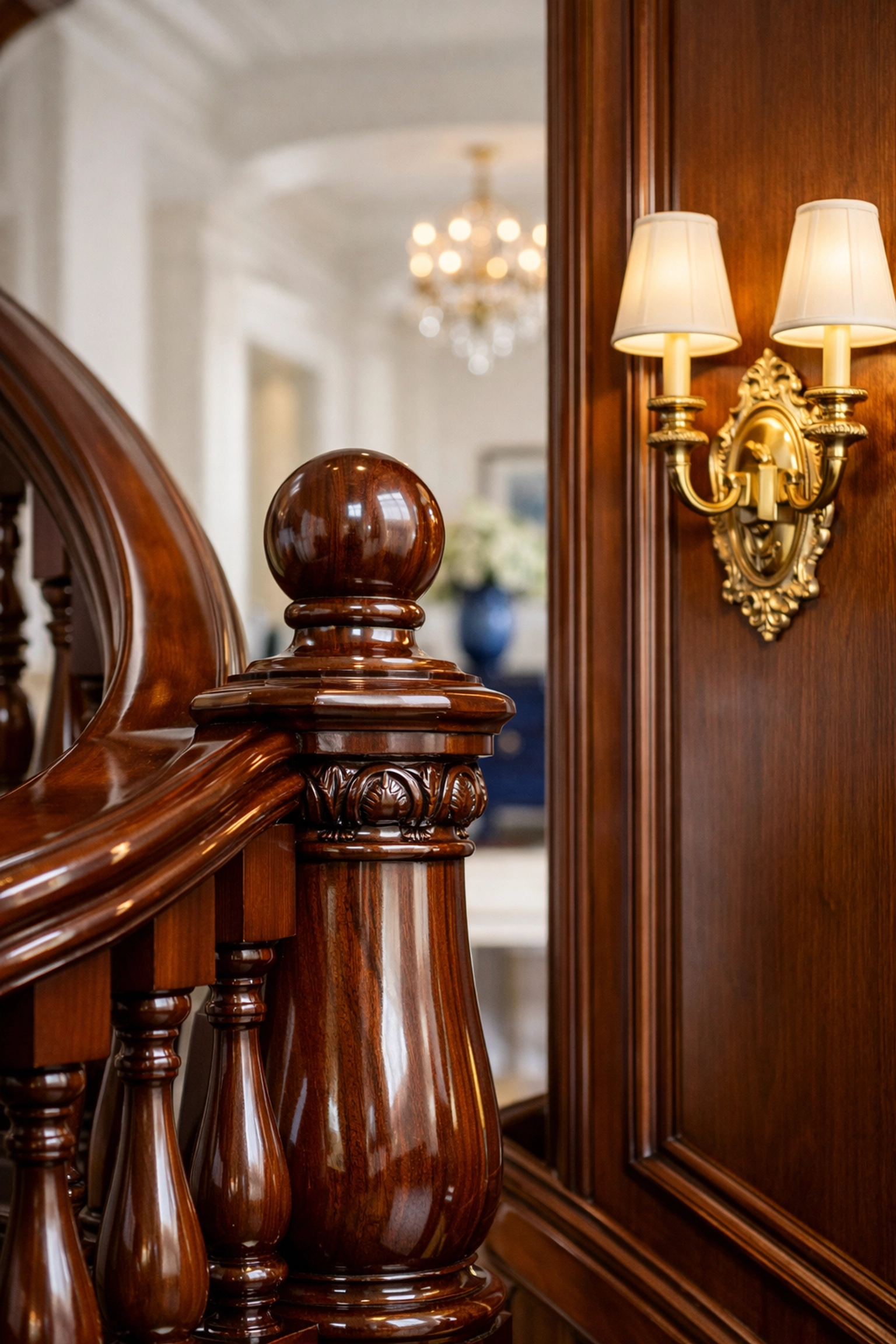Polished mahogany banister and brass accents reflecting meticulous Dover estate upkeep in a luxury home foyer.