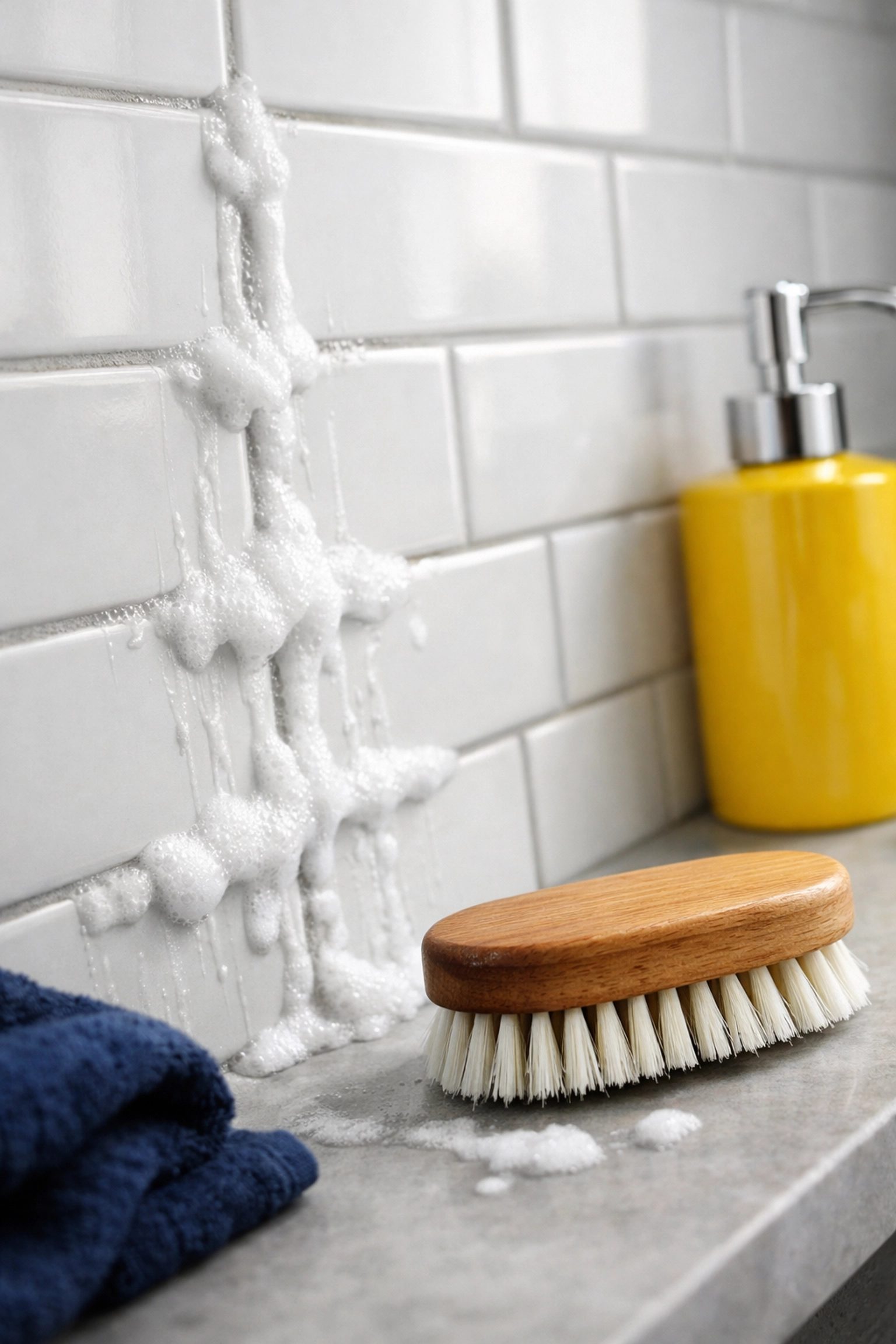 Applying a natural baking soda and peroxide paste to clean subway tile grout in a bathroom.