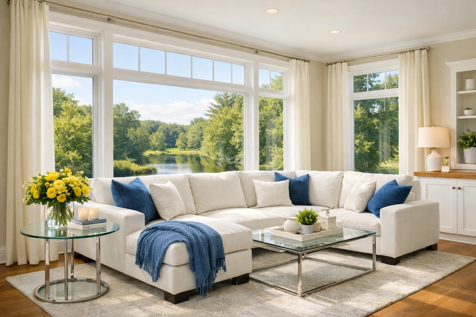 A clean, inviting Massachusetts family room following an eco-friendly house cleaning MA strike for a healthy home.