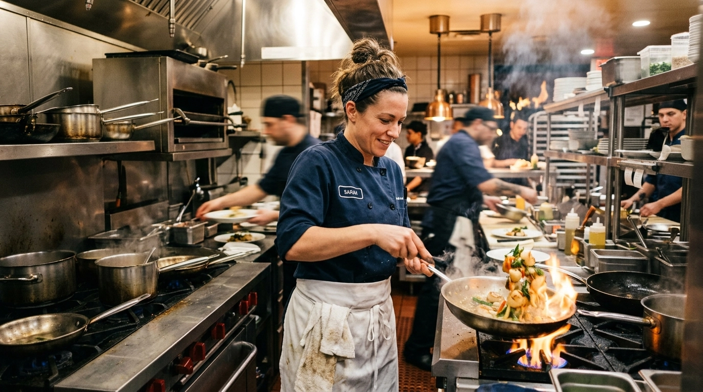 Professional chef working in a high-energy commercial kitchen