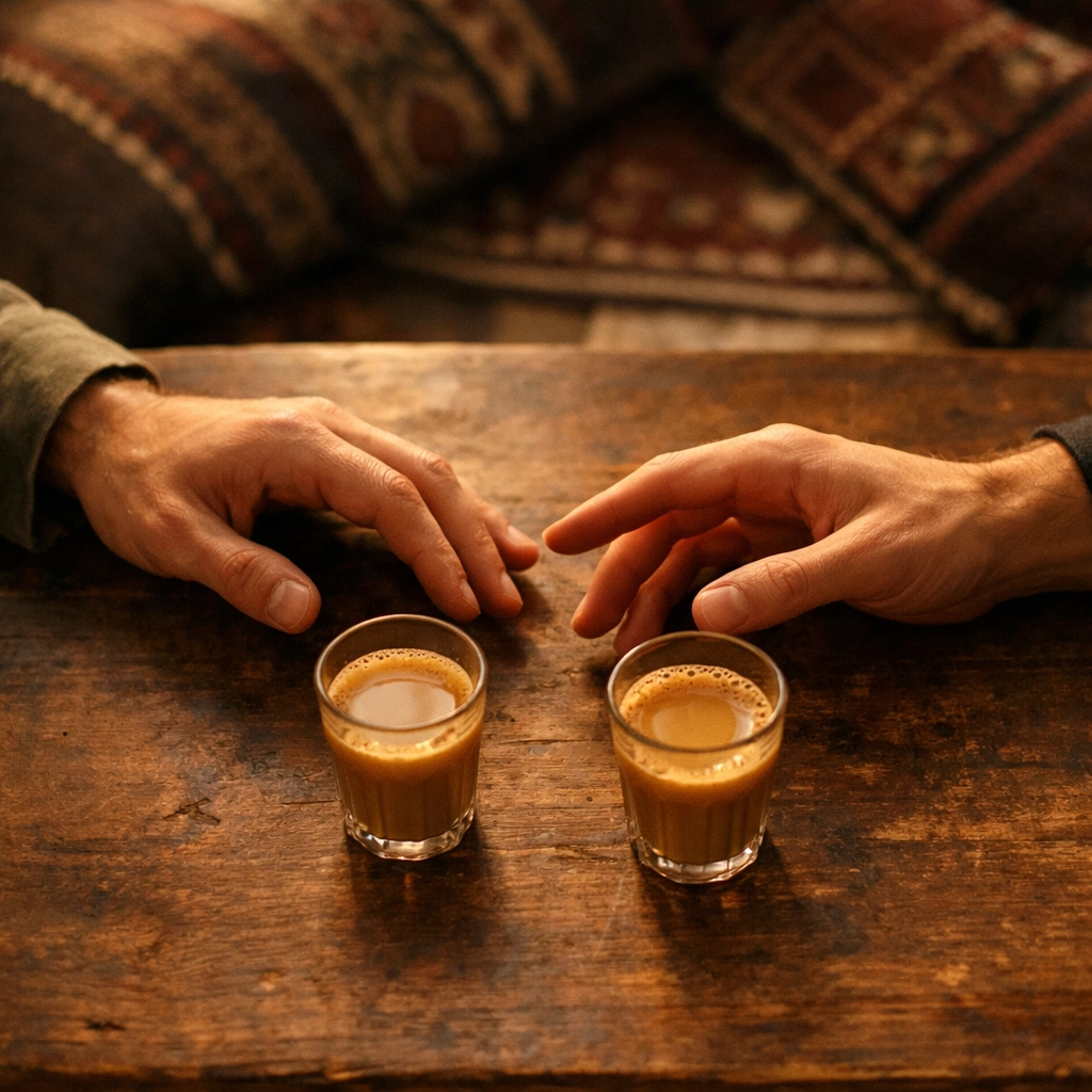 Two men's hands reaching across tea cups - forbidden LGBTQ+ love in Afghanistan