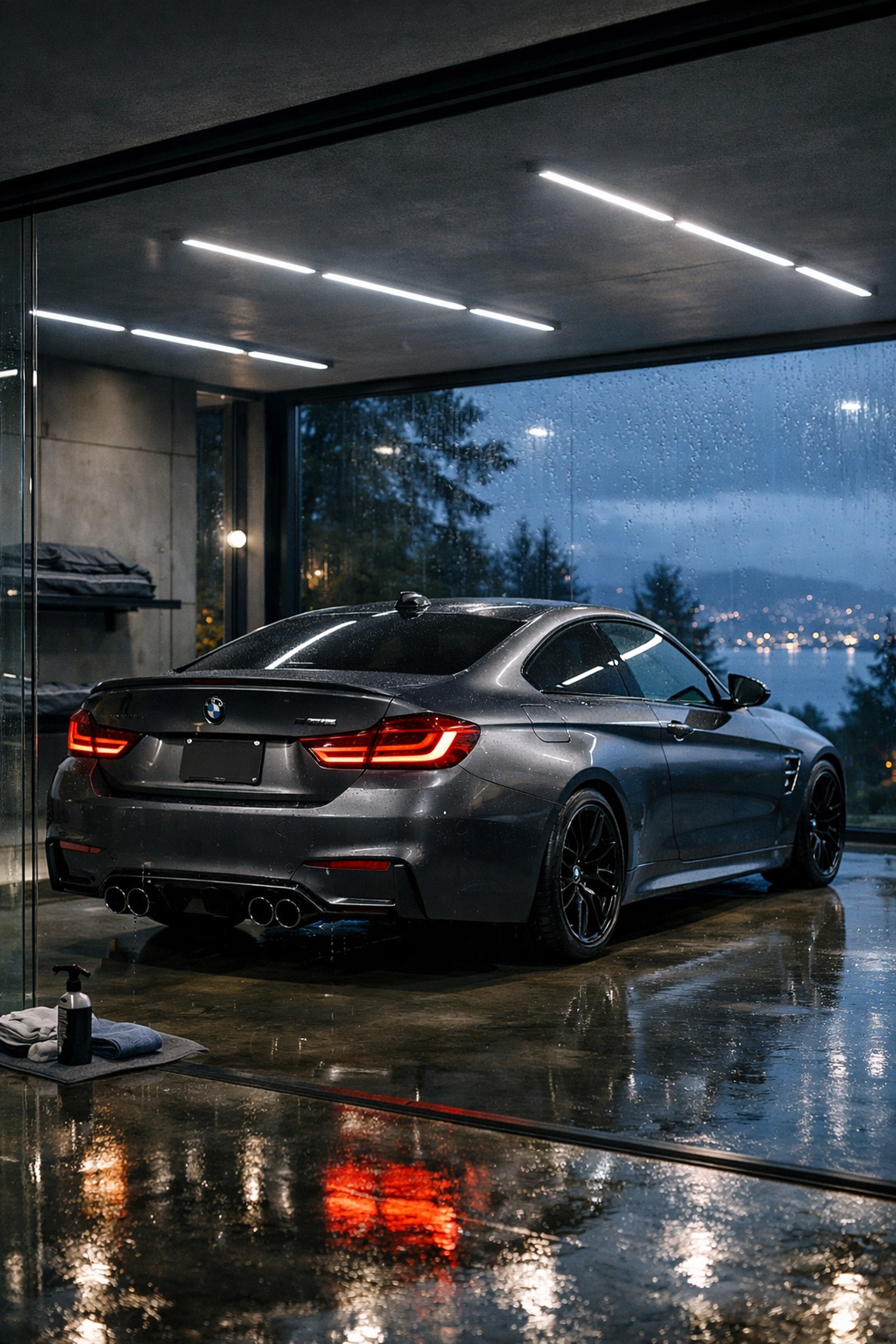 A luxury BMW M-series parked in a garage, representing the need for annual oil changes.