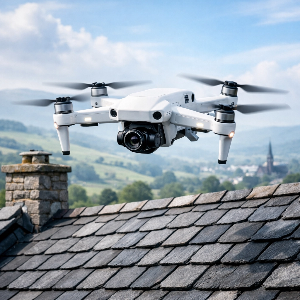 Advanced drone roof survey over a traditional slate rooftop in Omagh, Northern Ireland.