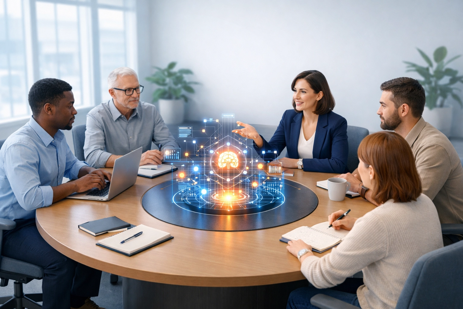 Diverse team collaborating on AI ethics decisions with holographic interface