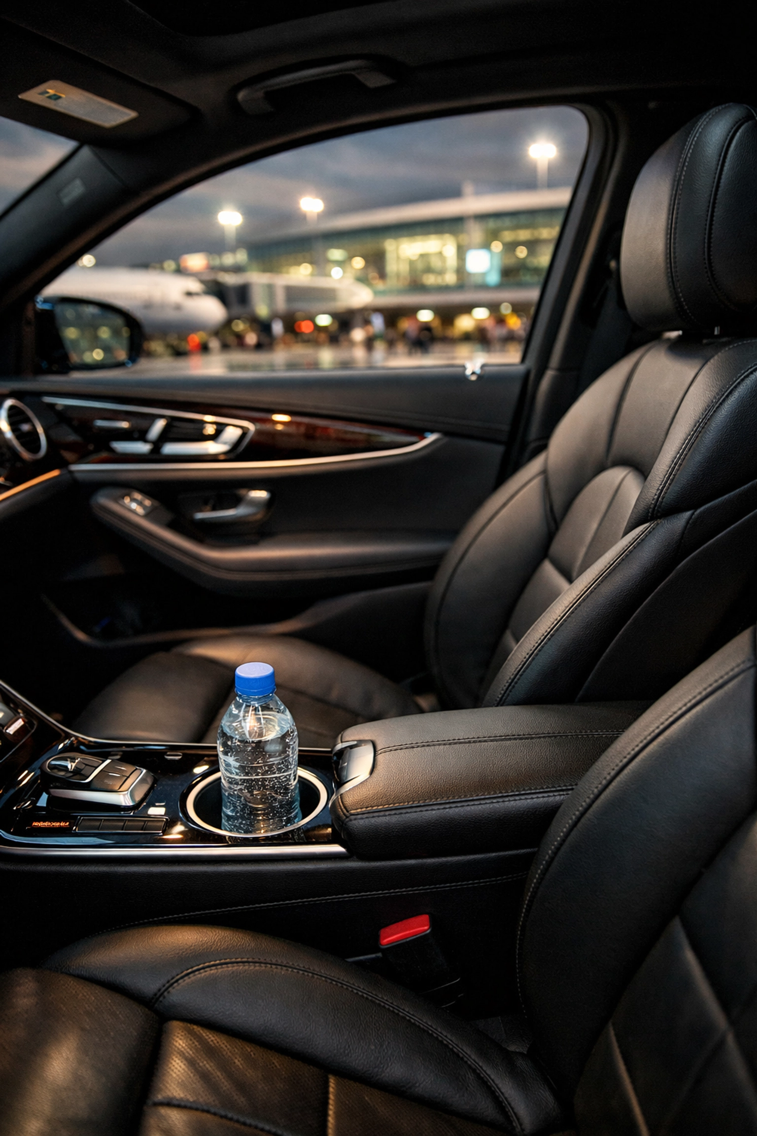 VIP airport transfer luxury car interior with leather seats providing comfortable private transport