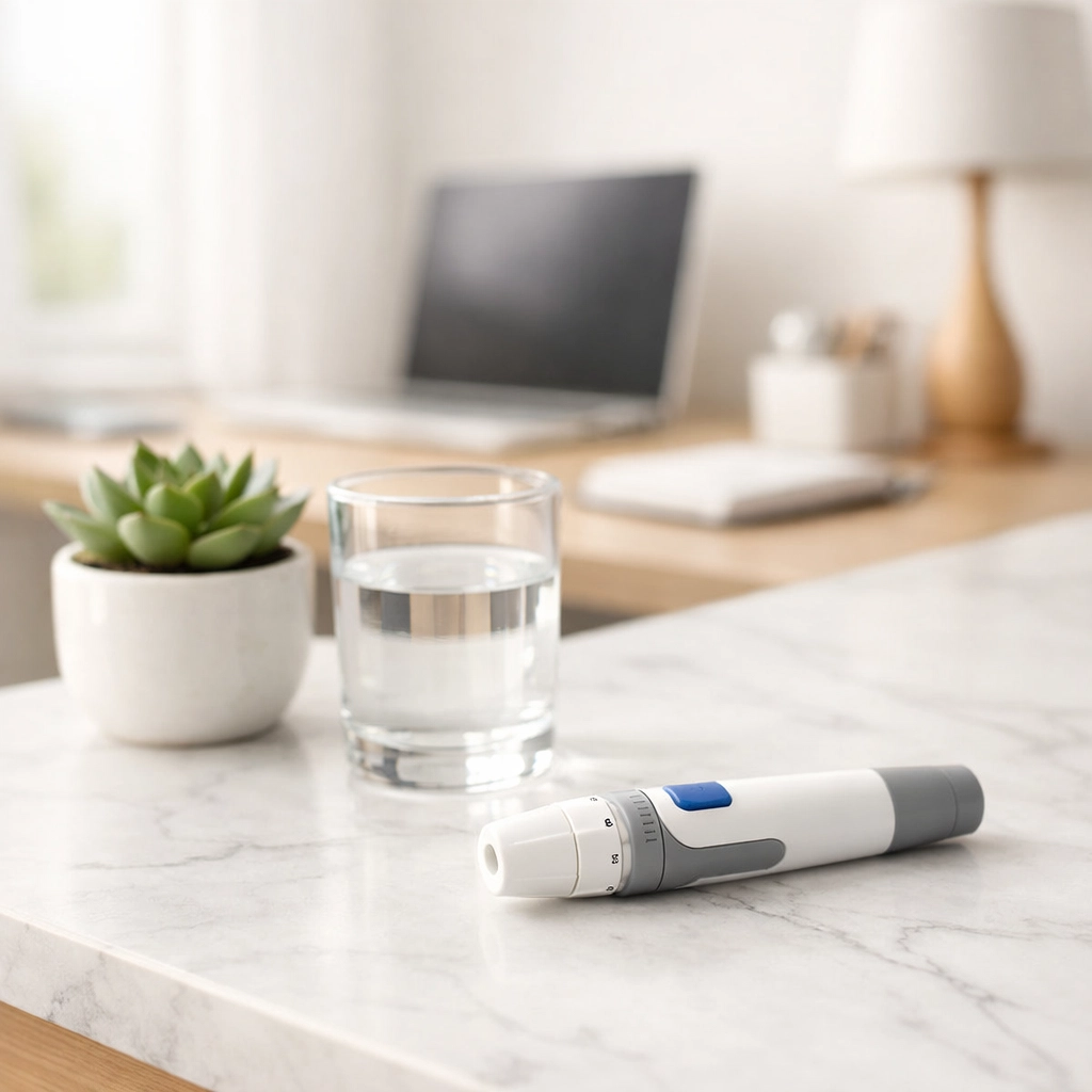 Close-up of finger-prick blood collection device on modern minimalist surface with natural lighting