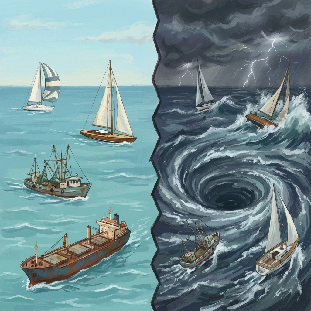 Contrasting boats in calm and stormy seas, symbolizing how investment strategies can fail during financial crises and market stress.