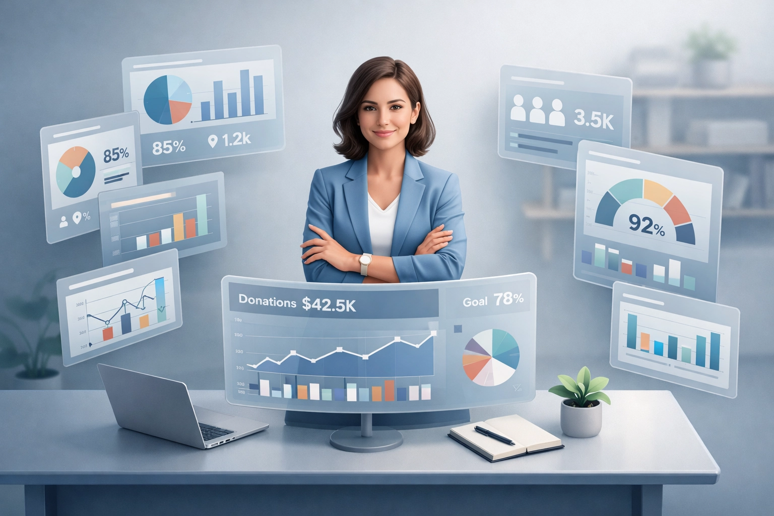 Business owner viewing holographic KPI dashboard screens with performance metrics and analytics