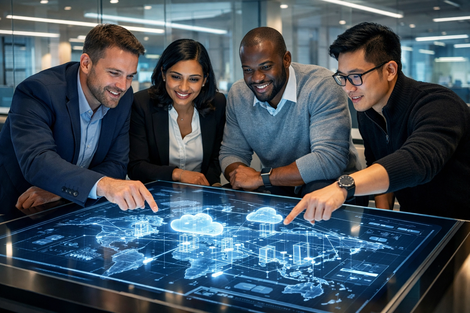 A professional team of IT engineers collaborating on complex cloud network blueprints and strategic technology.