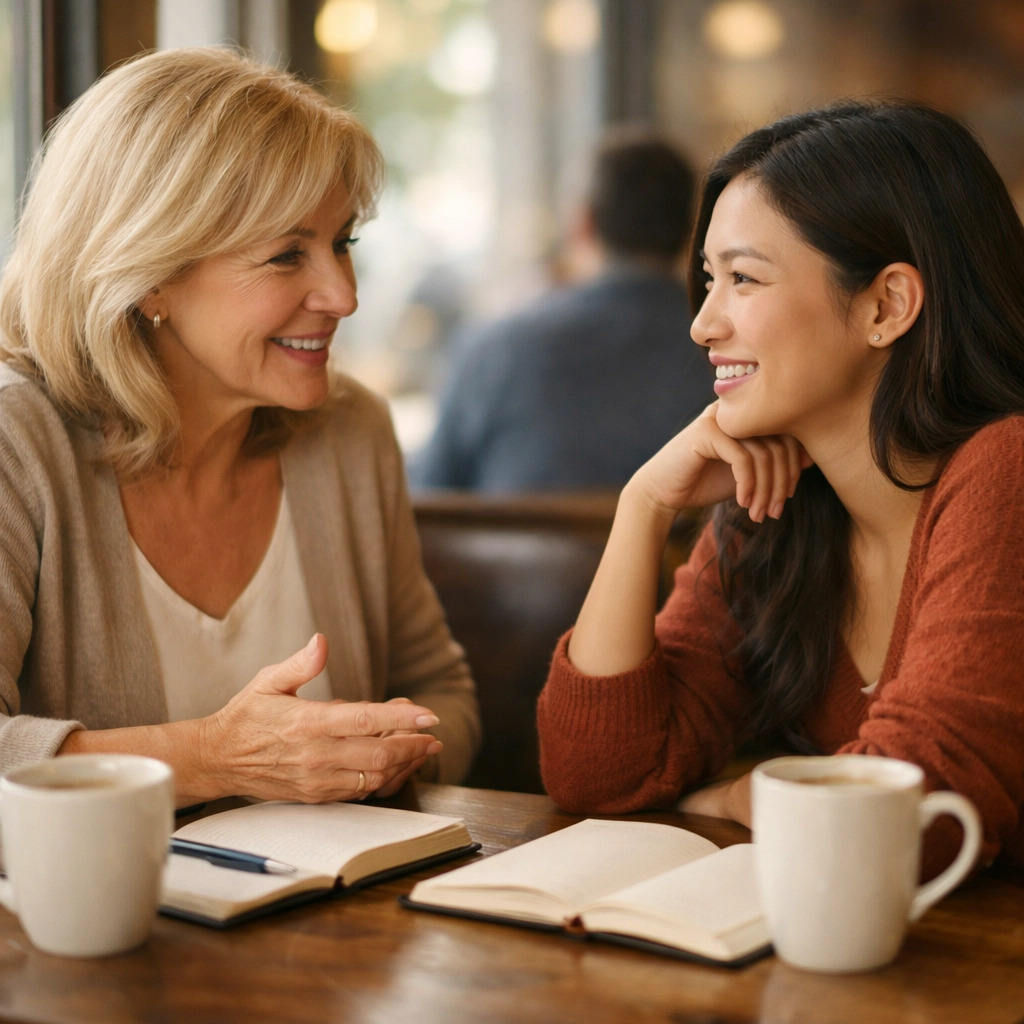 Mentor and mentee meeting over coffee sharing wisdom and time generously Mentor and mentee meeting over coffee sharing wisdom and time generously