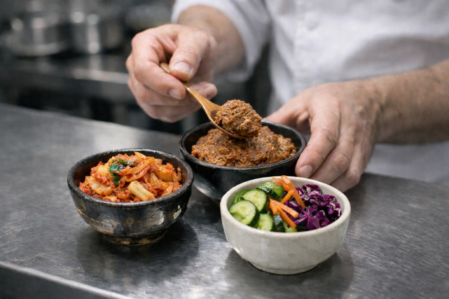 Chef preparing fermented ingredients including kimchi and miso paste in restaurant kitchen