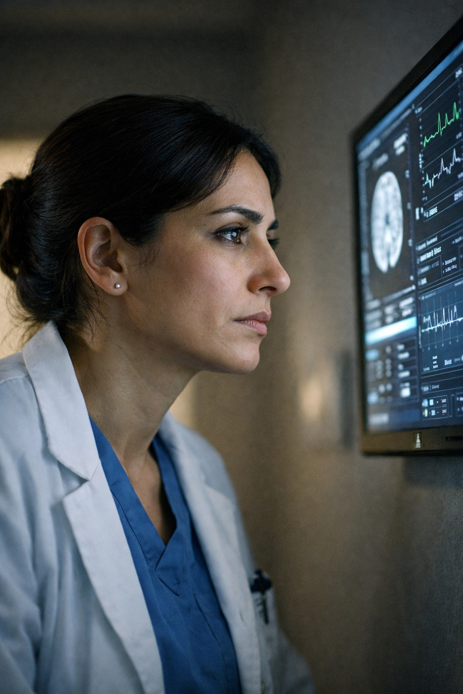 Concerned doctor reviewing digital patient records, illustrating the need for human verification of AI data.