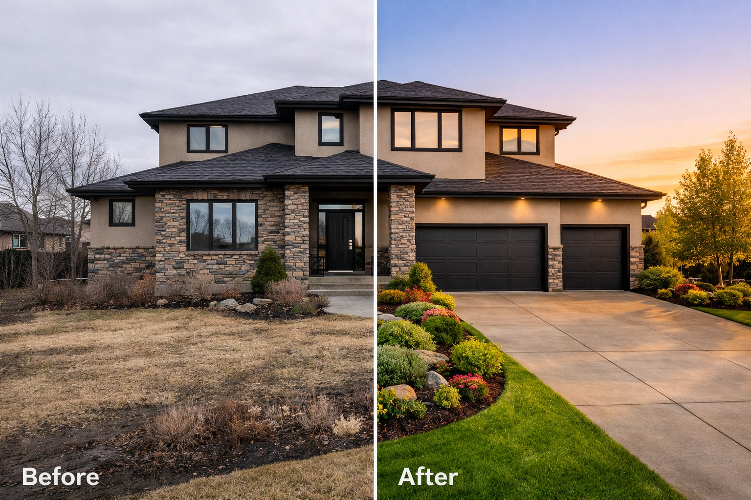 Before and after virtual greening for Saskatoon spring real estate listing