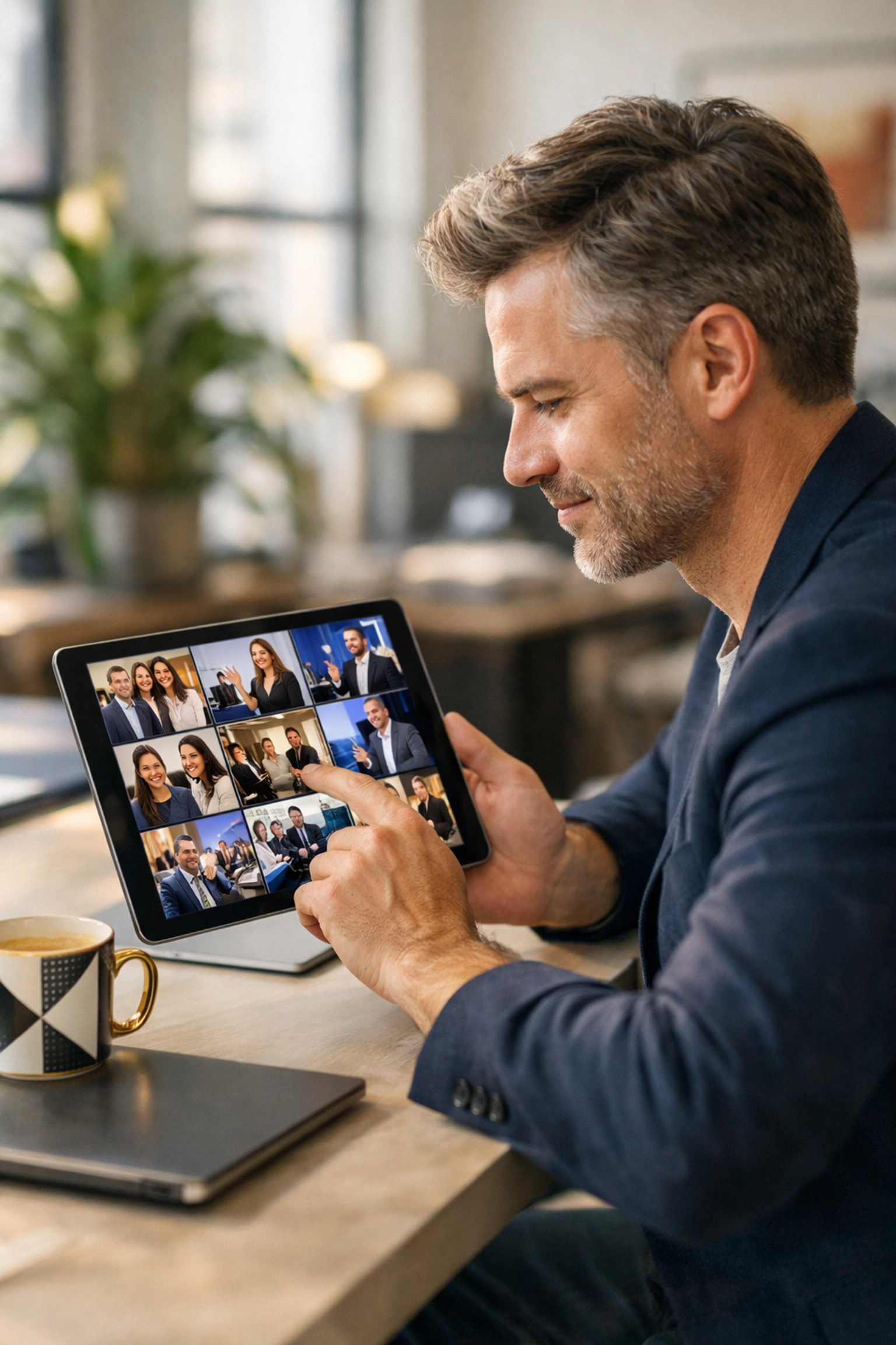 Marketing director using corporate photography services to review business event photos on a tablet.