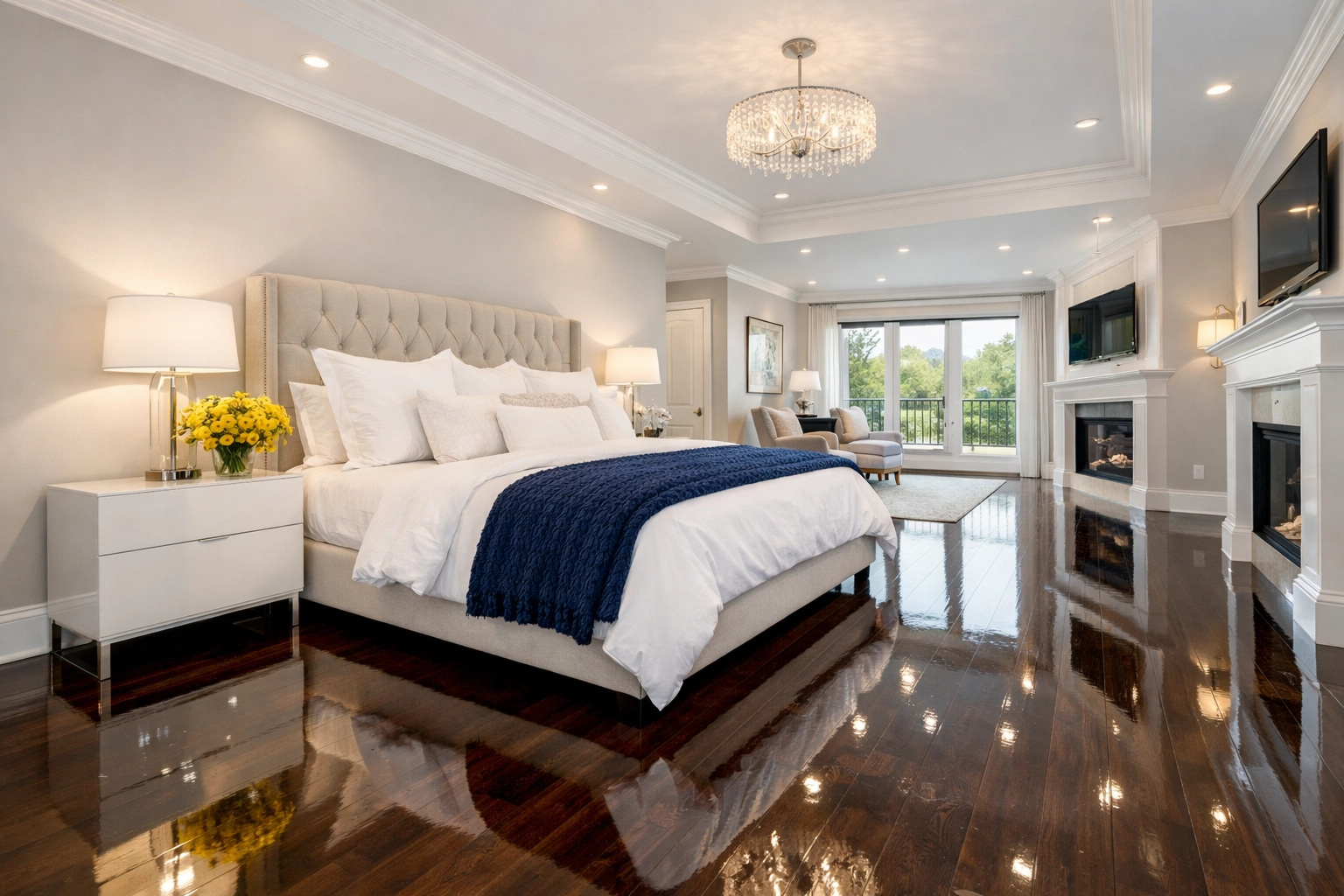 Pristine master bedroom with polished hardwood floors following a professional deep cleaning in Lincoln.