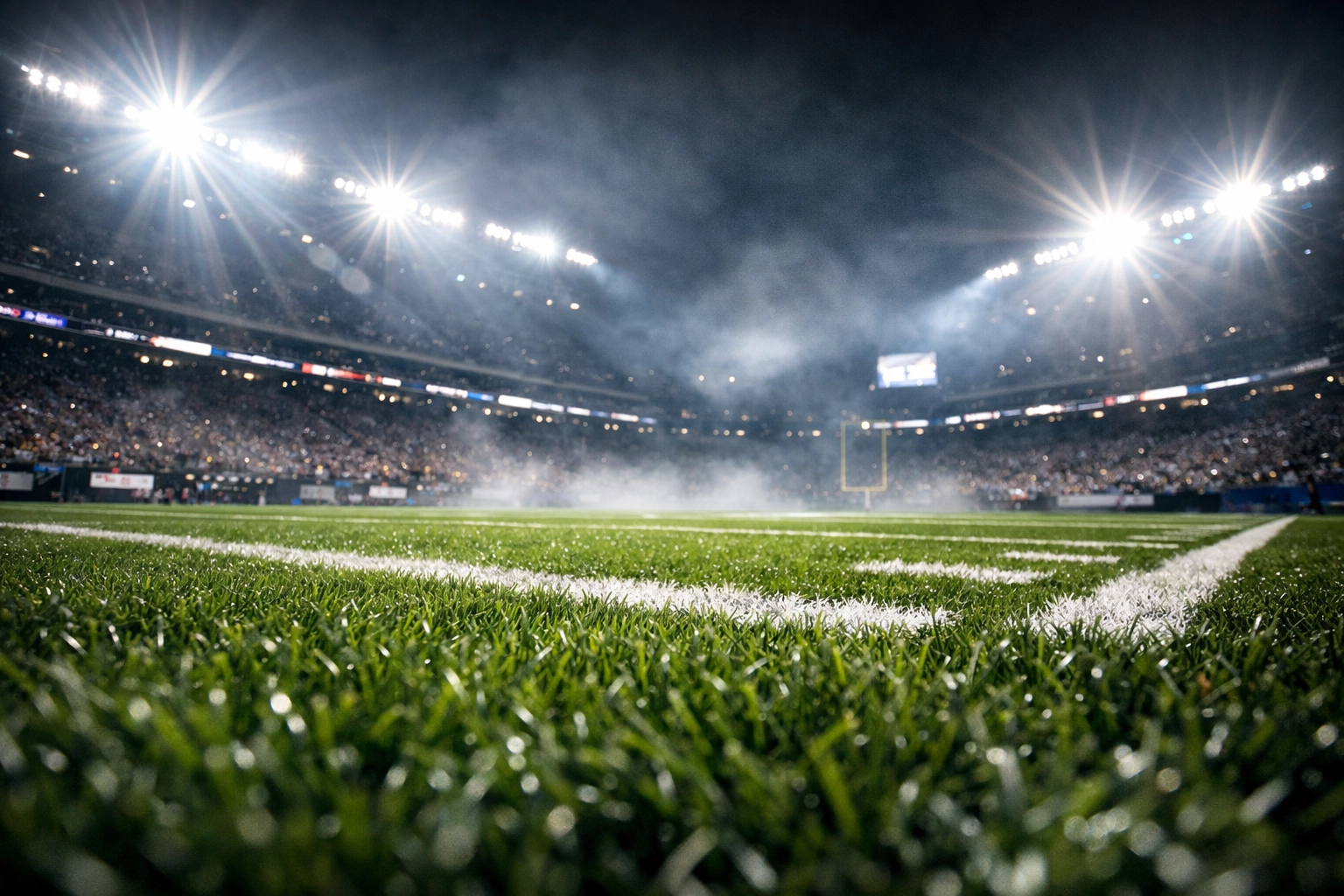 Cinematic view of an illuminated football stadium at night, capturing the scale of a championship event.