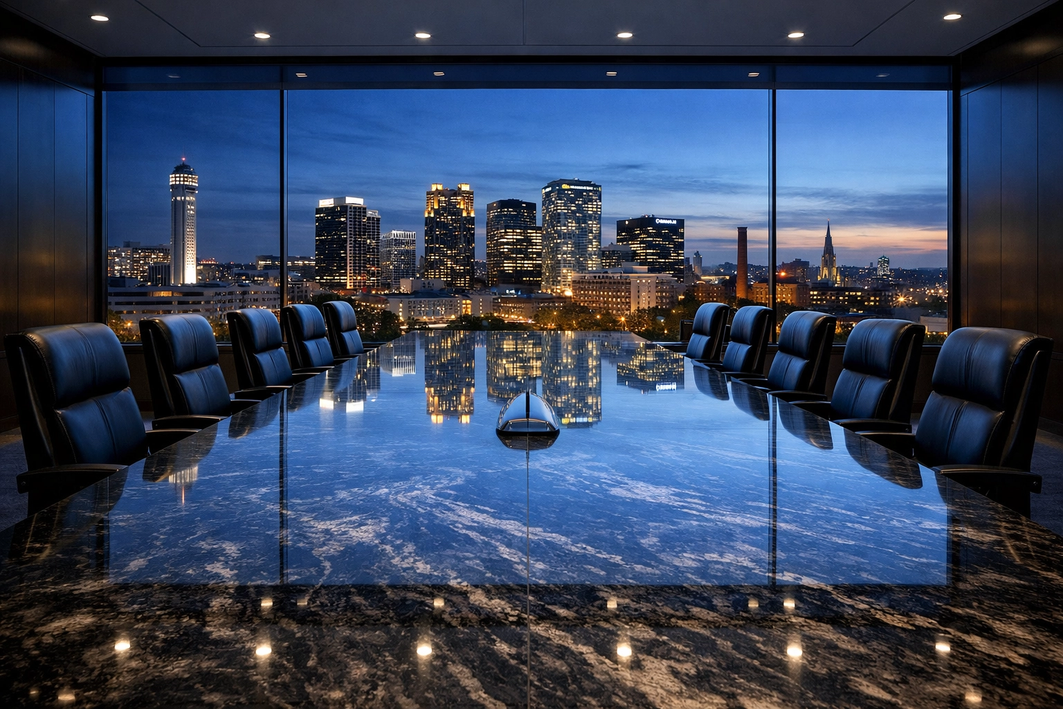 A luxury Birmingham Alabama boardroom at twilight for professional business sales and negotiations.