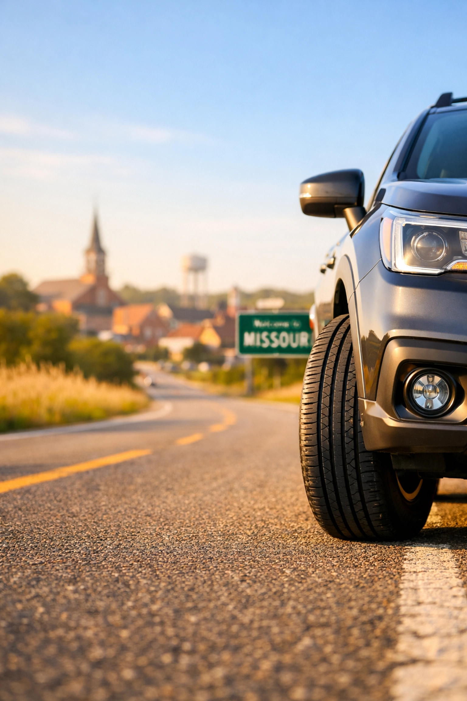 A well-maintained SUV driving smoothly on a Missouri road after professional wheel alignment service.