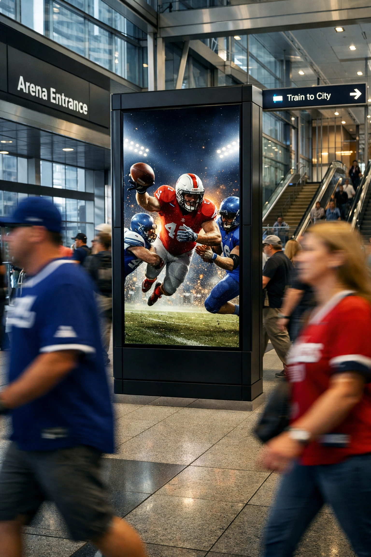 Digital out-of-home advertising screen in a busy transit station near a sports arena during a fan commute.