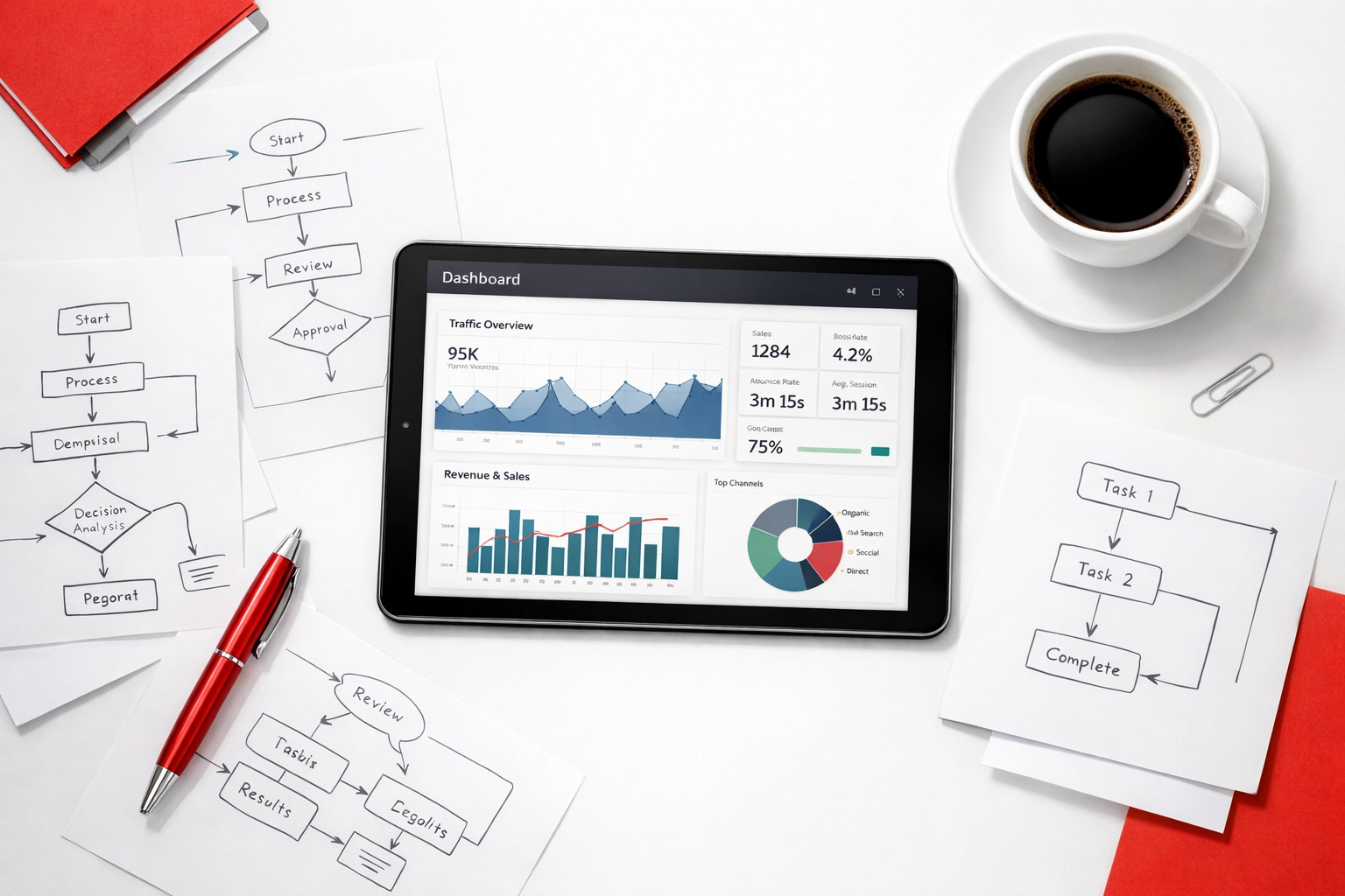 Workspace with delivery metrics dashboard and workflow diagrams for enterprise execution tracking