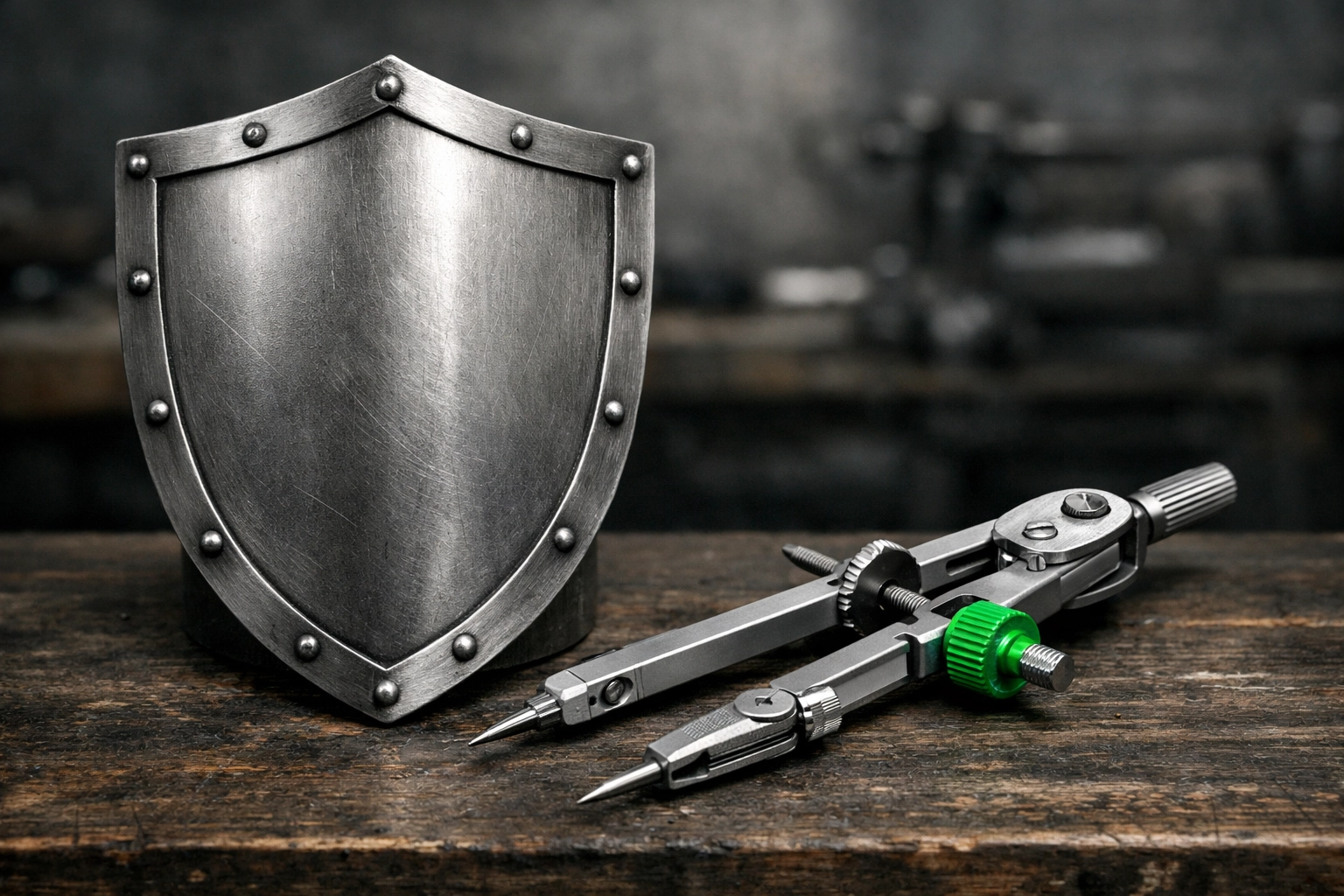 Metallic shield and compass on a workbench representing the double-layered defense of life insurance living benefits.