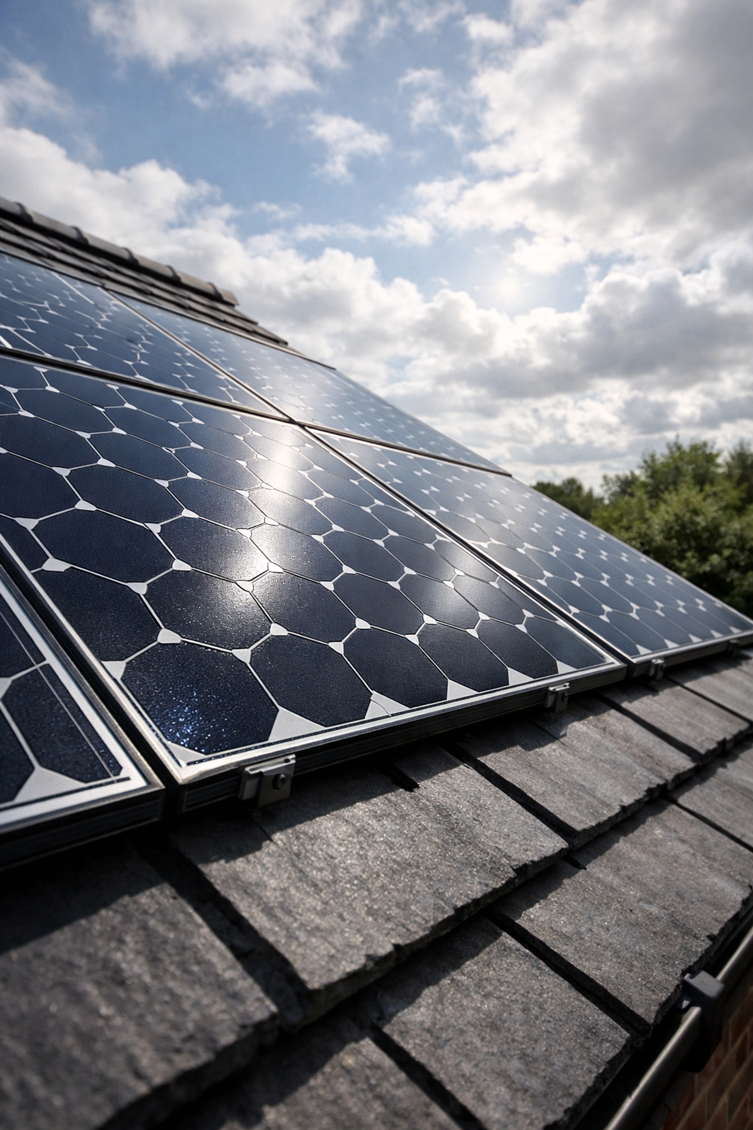 Close-up of high-efficiency solar panels on a residential roof under a cloudy sky in Poole.