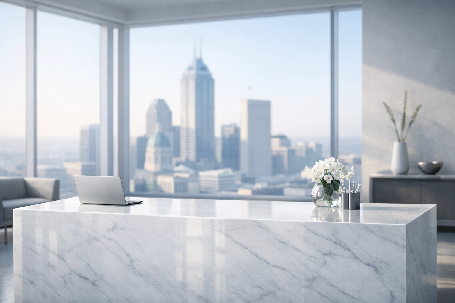 Pristine Indianapolis office reception area with a clean marble desk and professional skyline view.