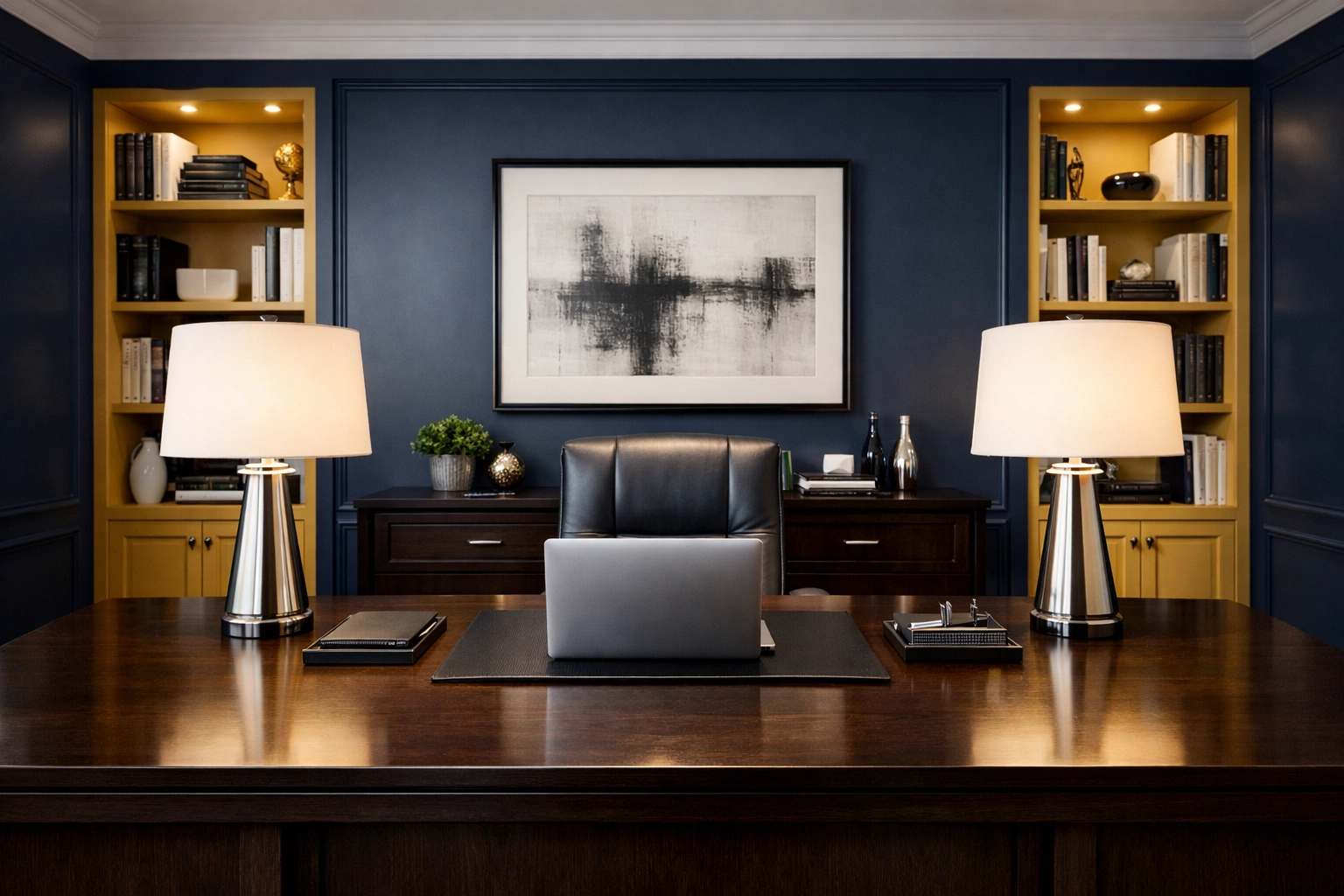 Spotless home office desk with two clean white lamp shades highlighting professional house cleaning results.