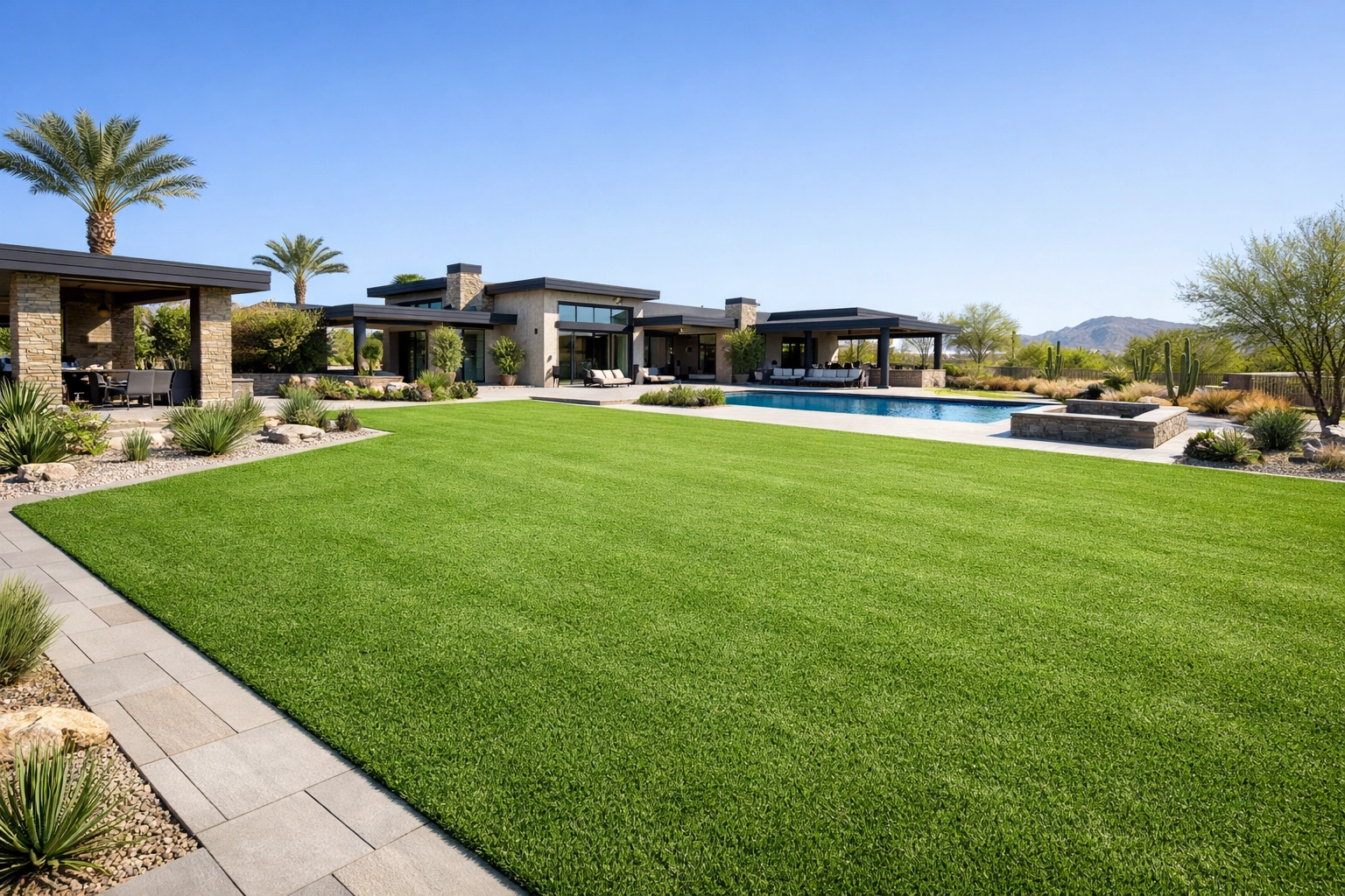 Premium synthetic grass installation in a modern residential yard with stone pavers and drought-resistant landscaping.