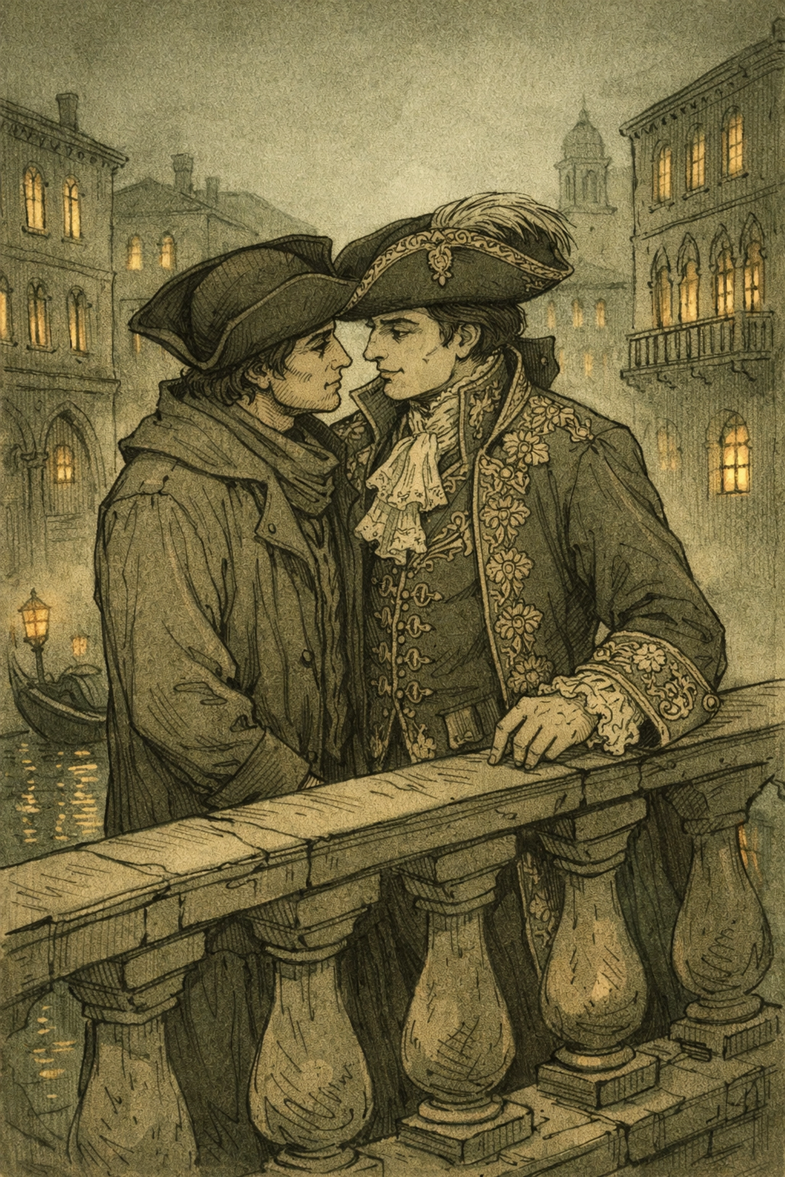 Two men meet on a misty Venetian canal bridge in 18th-century historical MM romance The Venetian Gambler