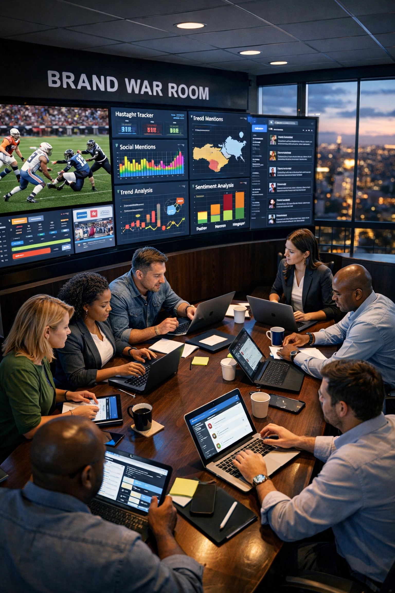 Marketing team in a war room tracking real-time branding data and game day ROI strategies.