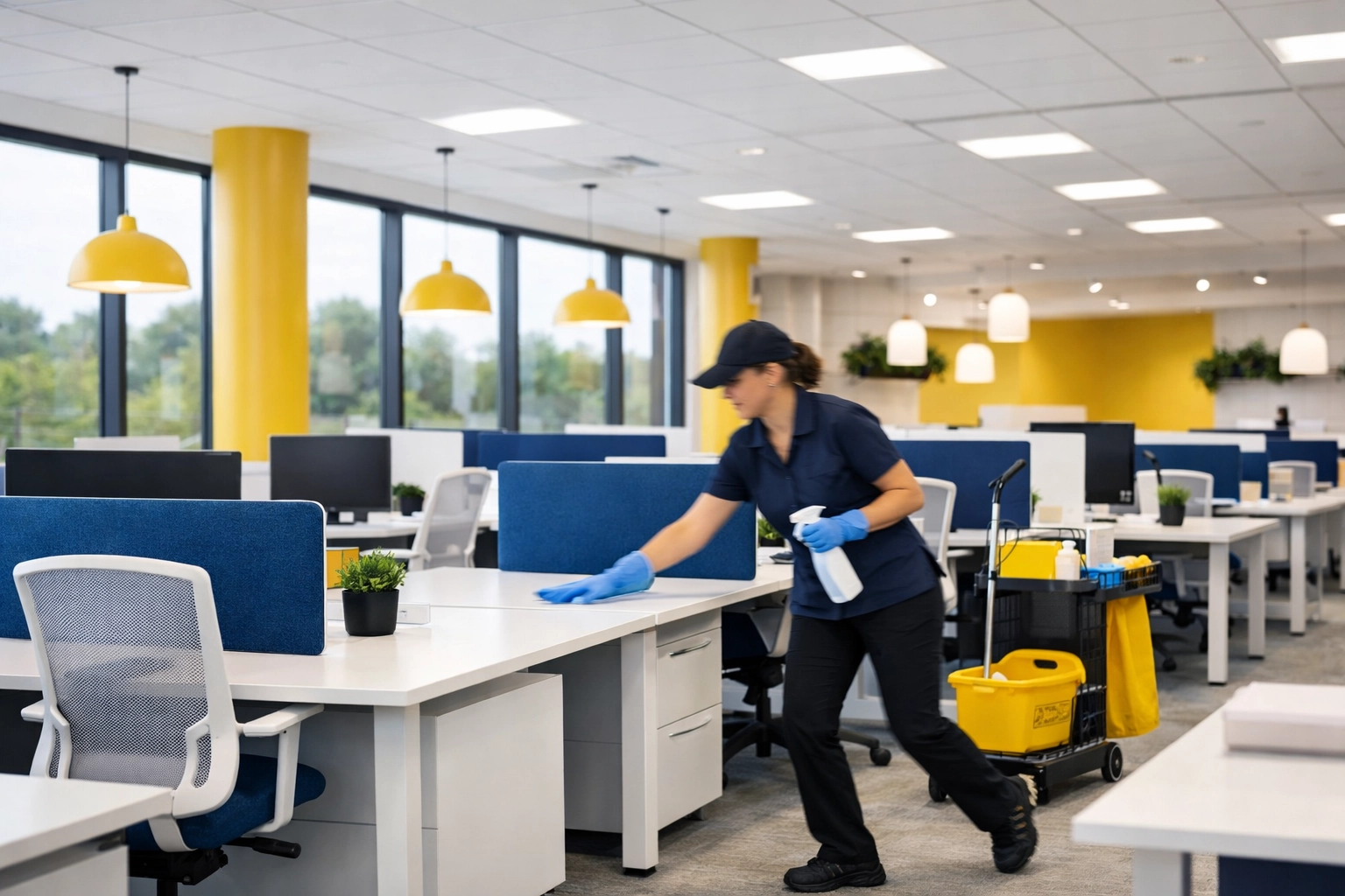 A spotless modern workspace achieved through efficient office cleaning in Burlington and Woburn.