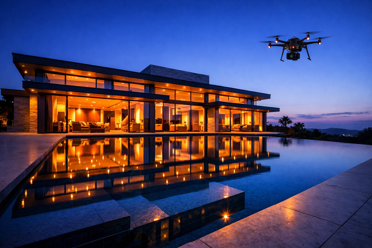 Professional real estate photography of a luxury villa at sunset with a drone capturing aerial shots.