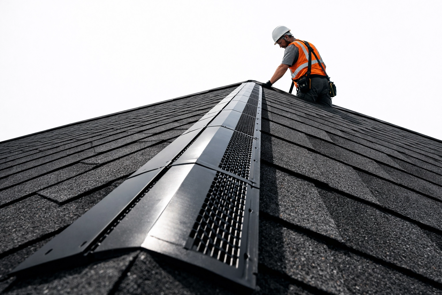 Contractor inspecting residential roof ridge line during Florida hurricane season preparation
