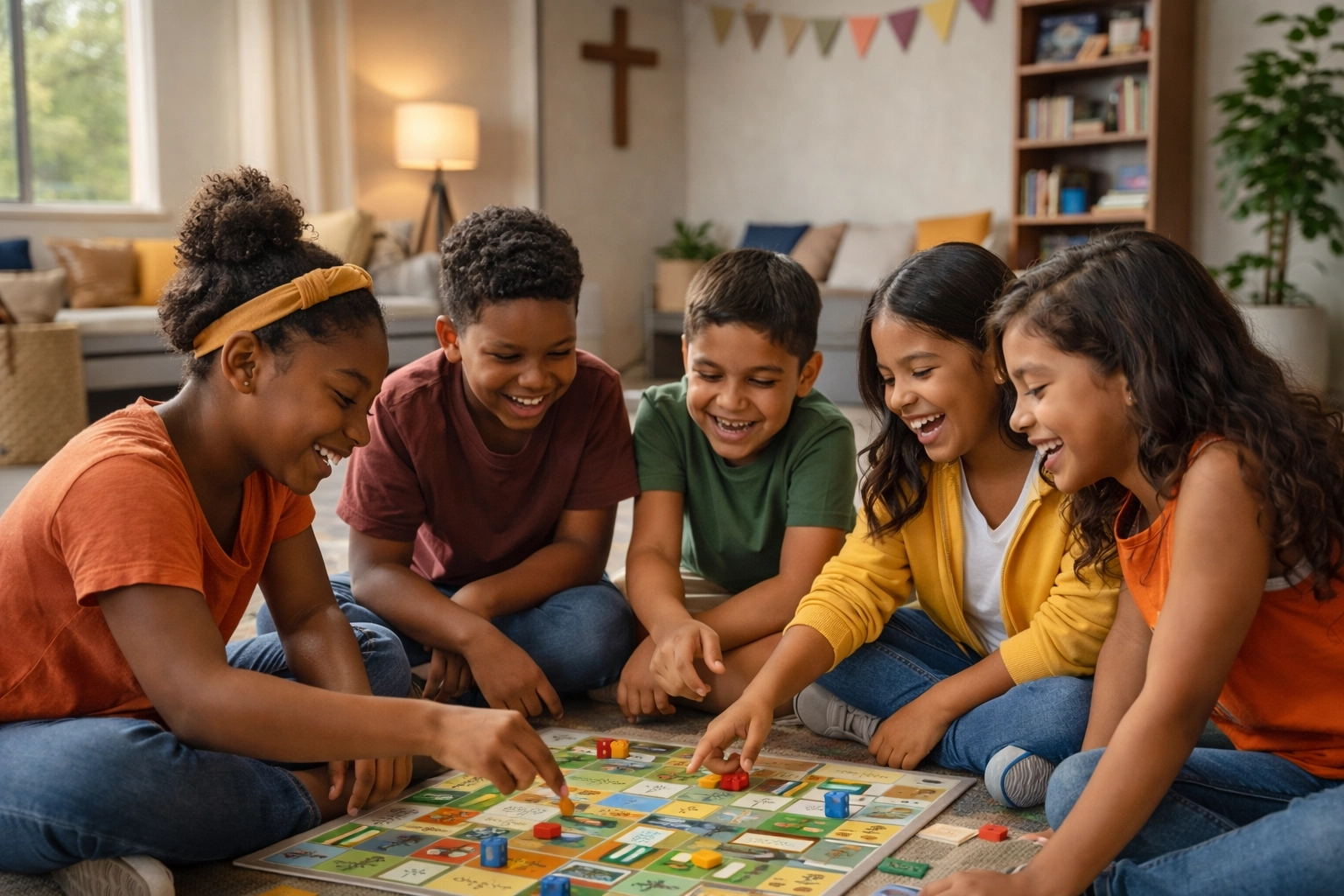 Children playing together in a safe church youth environment providing mental health support