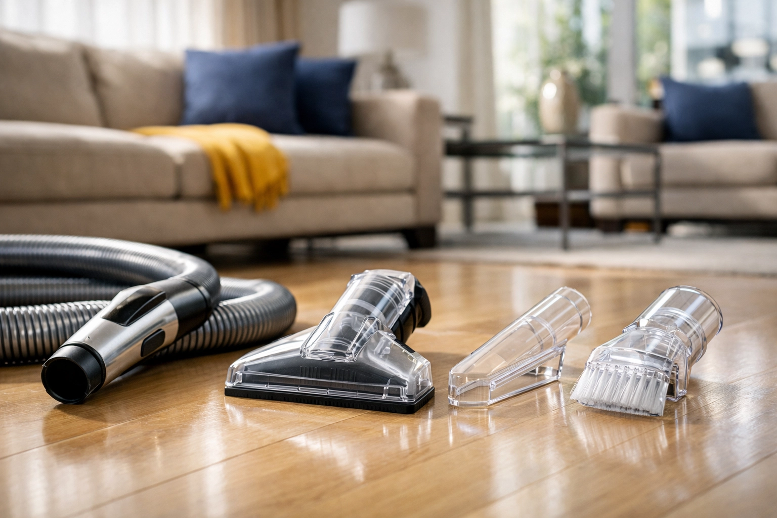 Clean vacuum cleaner hose and plastic attachments laid out on a polished hardwood floor.