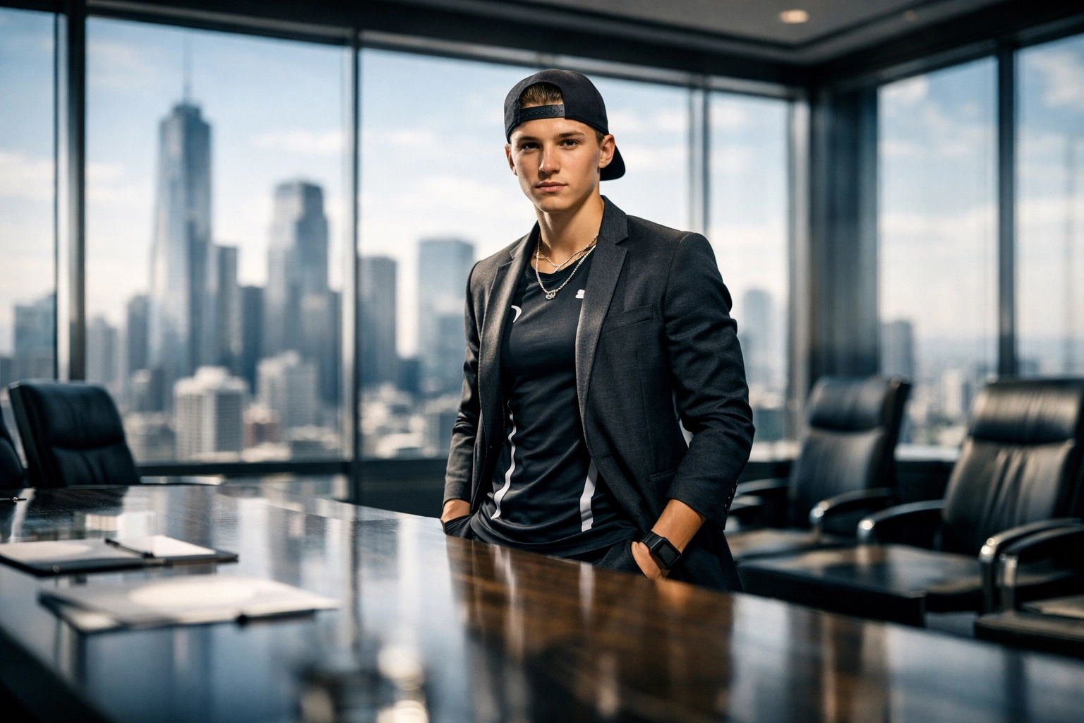 A young NIL athlete in a professional boardroom representing the bridge between college sports and corporate brands.
