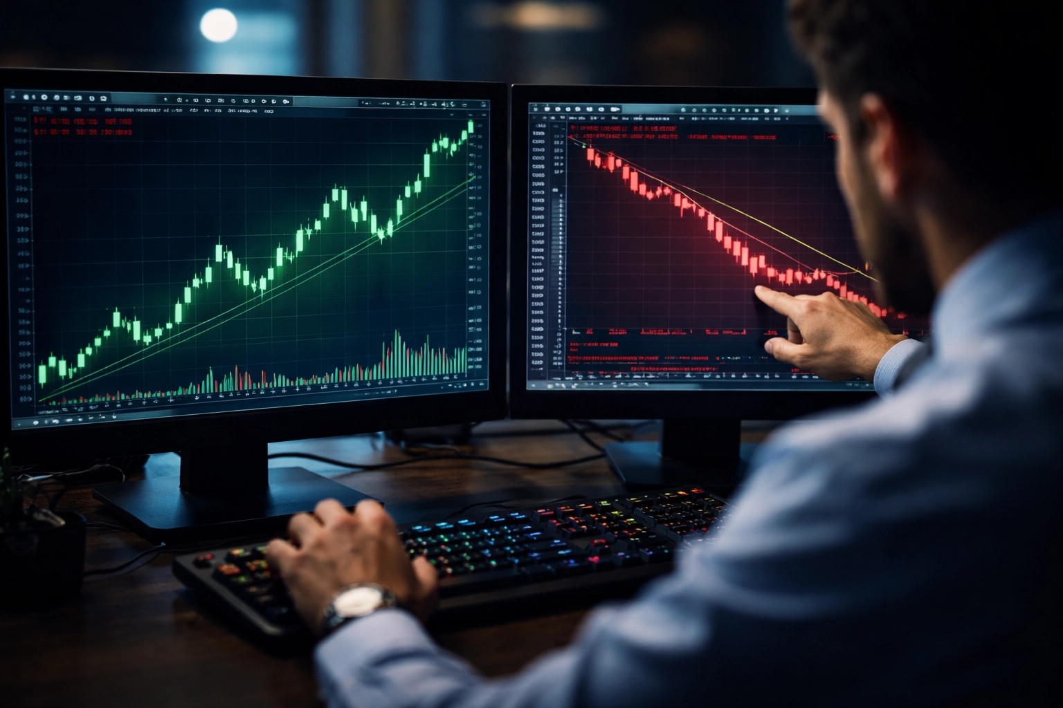 Stock trader managing gains and losses on dual monitors, illustrating advanced equity long/short strategies for portfolio risk management.