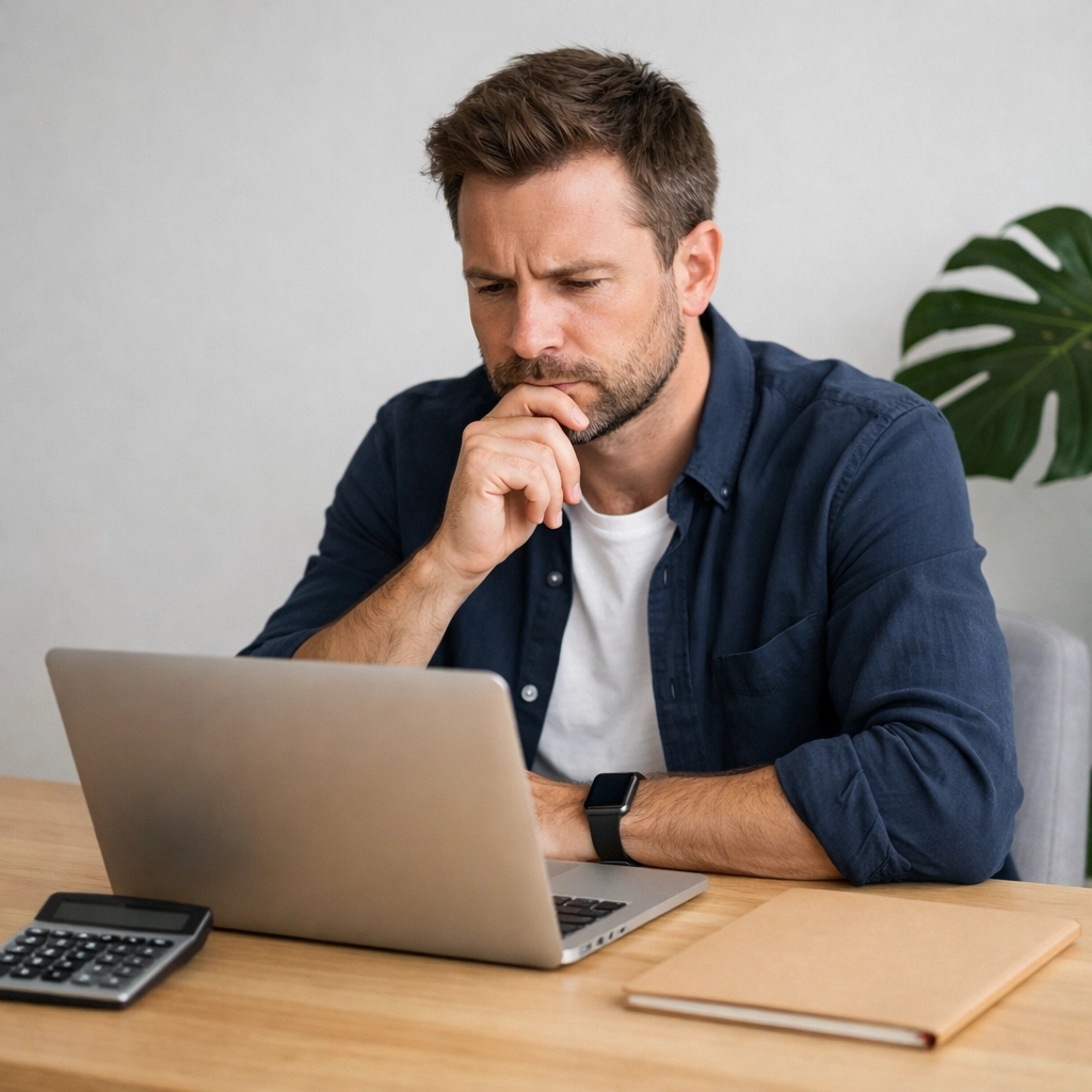 A startup founder at a minimalist desk evaluating small business tax penalties and financial records.
