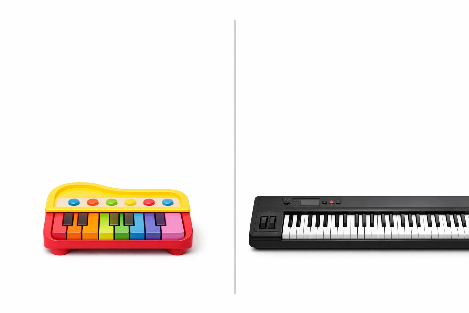 Visual comparison between a toy piano and a high-quality beginner keyboard for kids starting piano lessons.