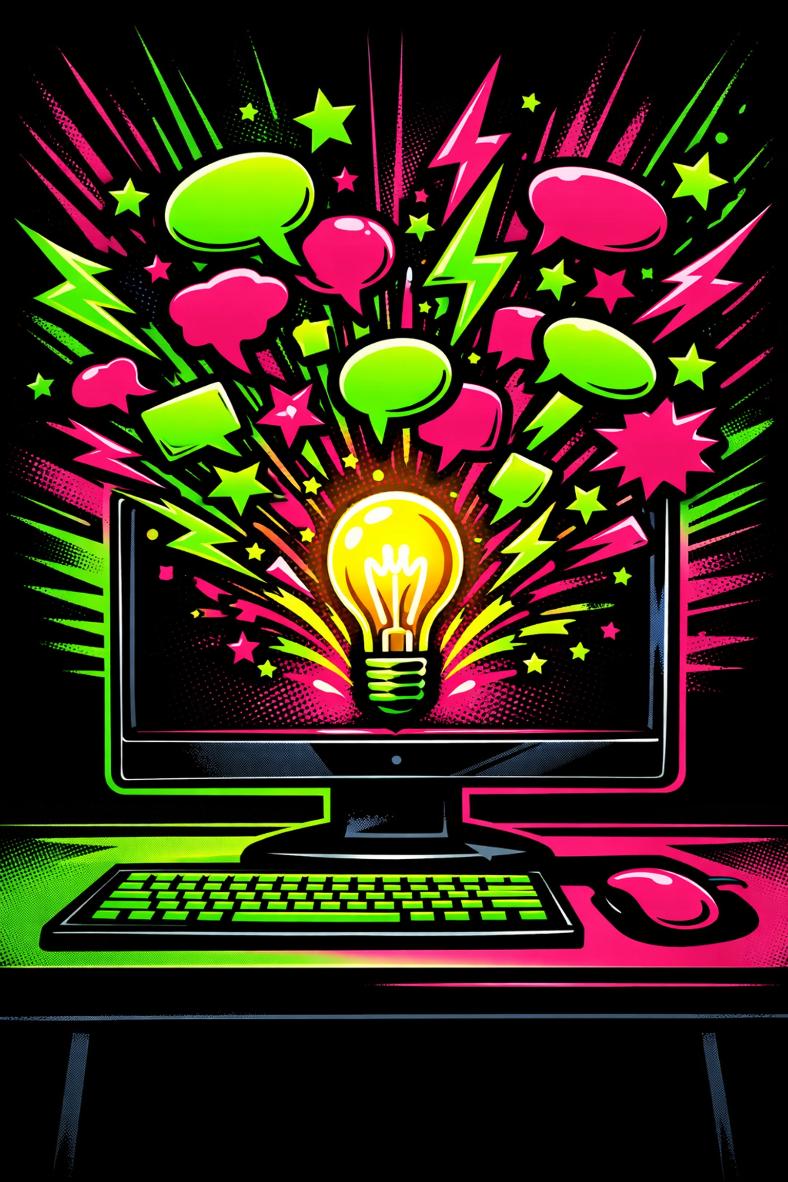 A vibrant computer screen showing an AI content generator for small business creating marketing ideas.