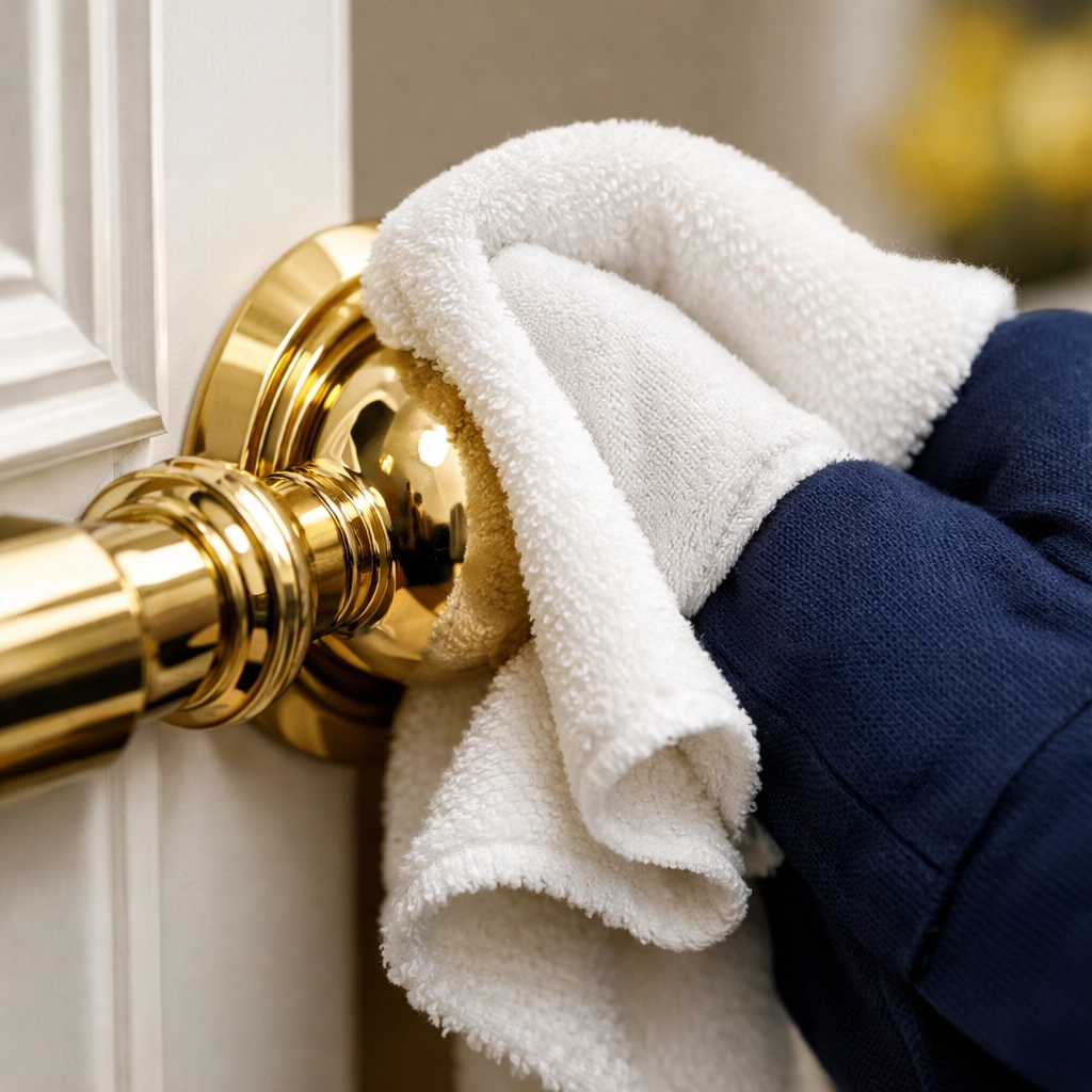 Detailed professional cleaning of a polished brass fixture in a Dover residence using a high-quality microfiber cloth.